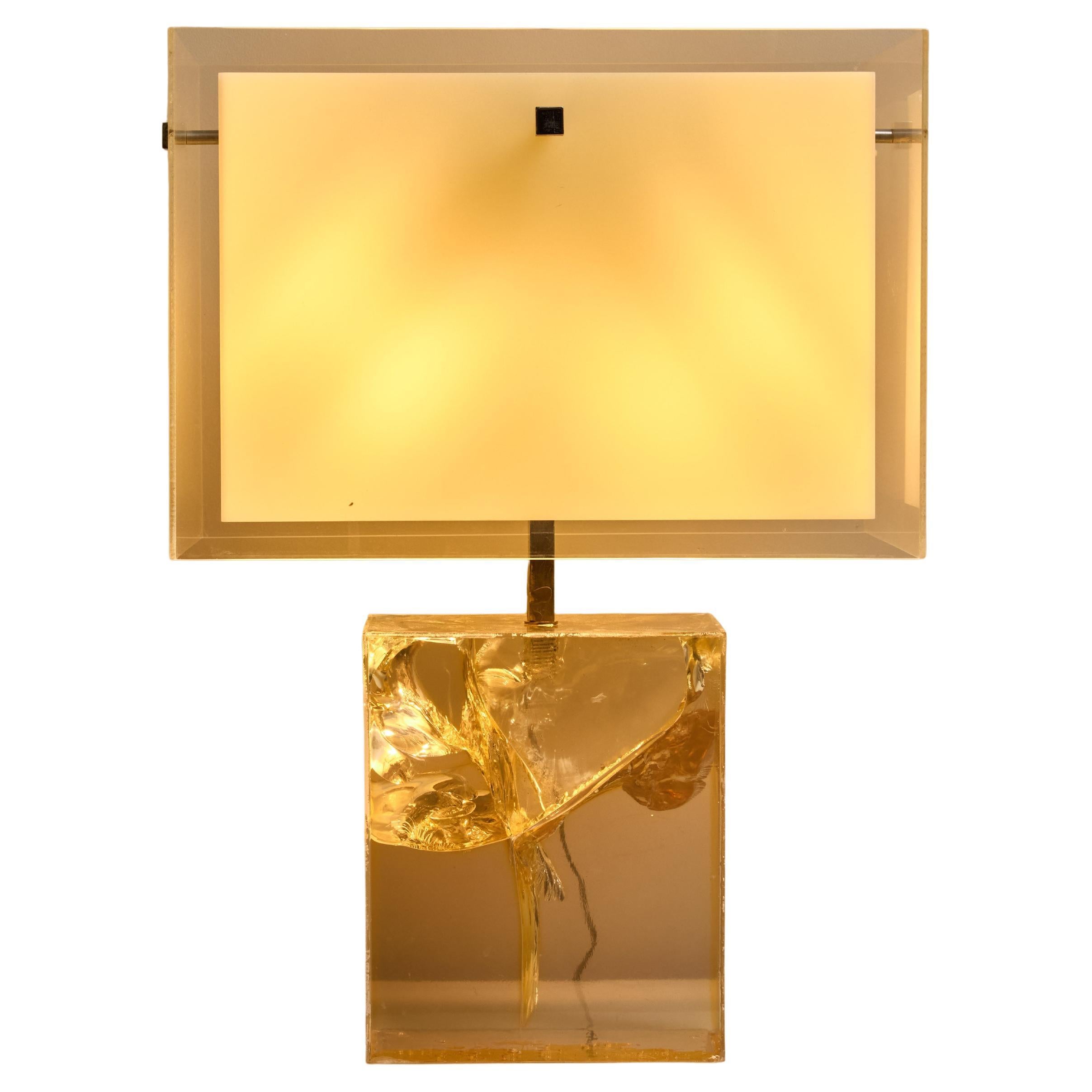 Clear Fractal Resin Table Lamp with Plexi Shade by Marie Claude de Fouquieres
