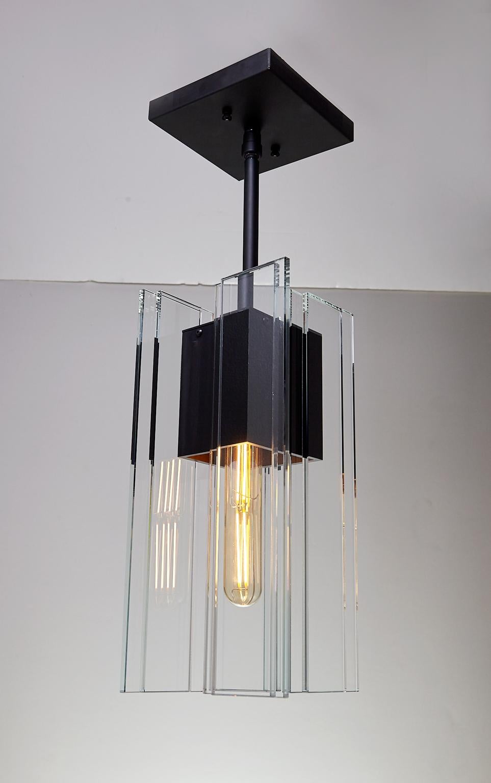 Modern Clear Glass and Black Aluminum Contemporary LED Hanging Pendant Light For Sale