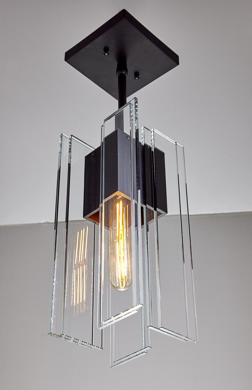American Clear Glass and Black Aluminum Contemporary LED Hanging Pendant Light For Sale