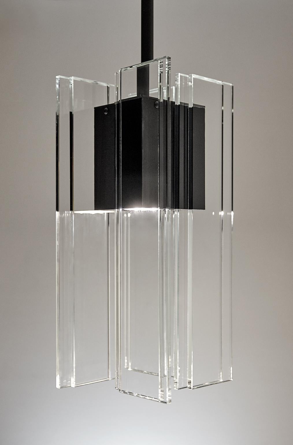 Hand-Crafted Clear Glass and Black Aluminum Contemporary LED Hanging Pendant Light For Sale