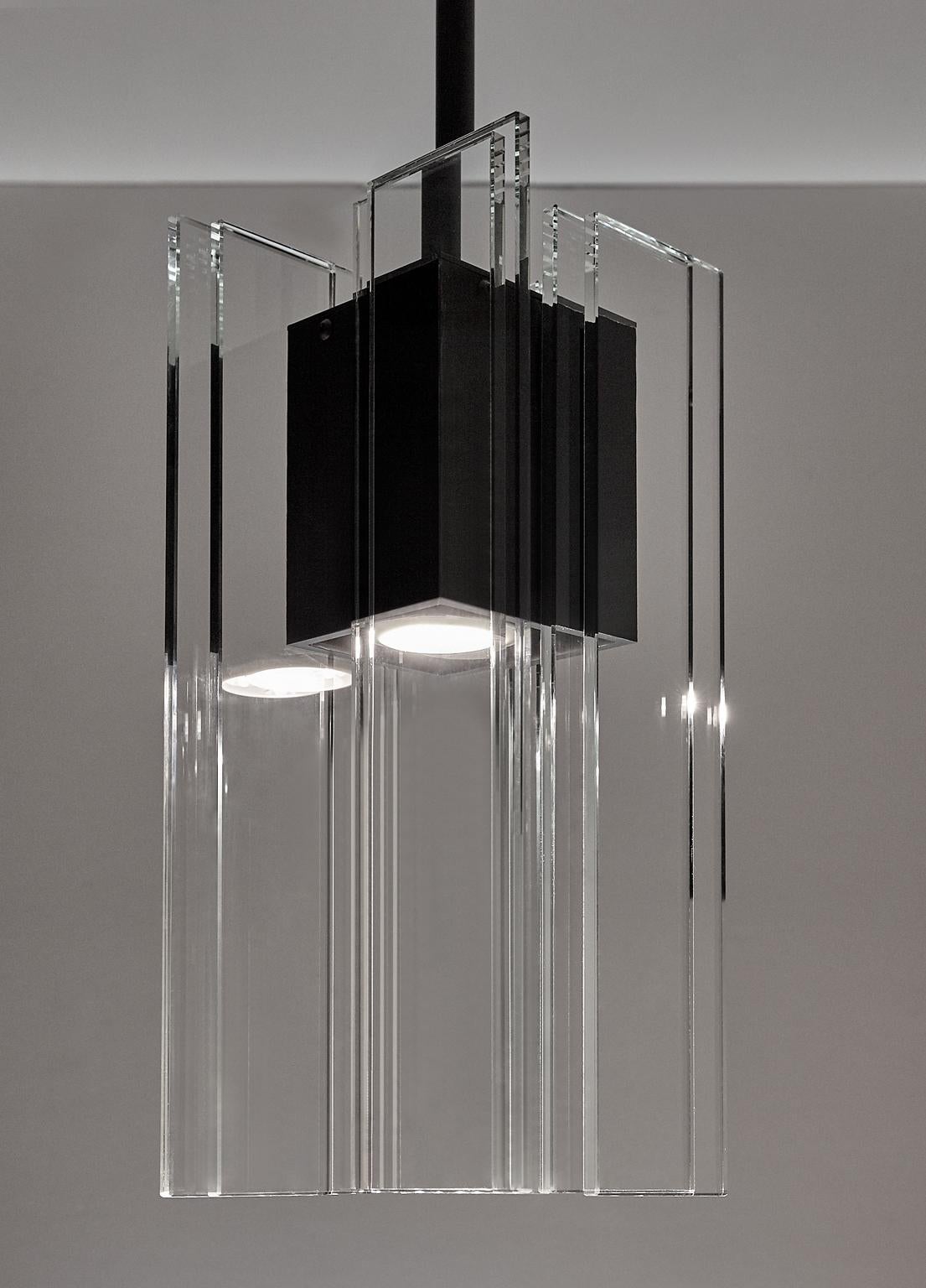 Clear Glass and Black Aluminum Contemporary LED Hanging Pendant Light In New Condition For Sale In Waltham, MA