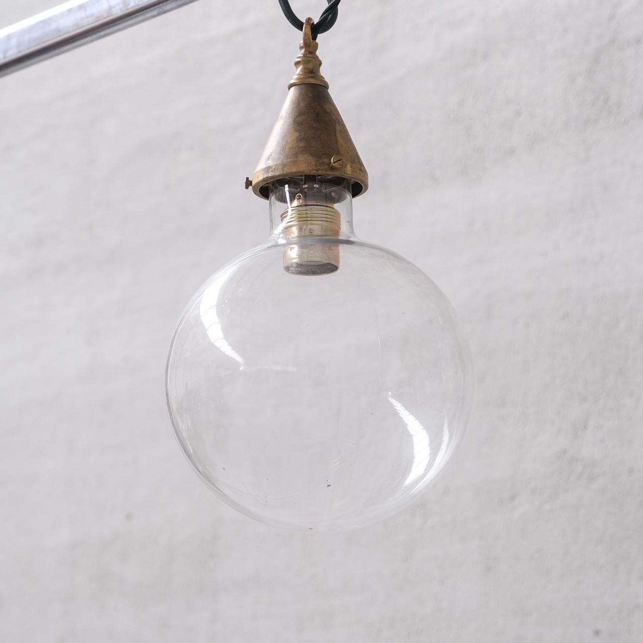 20th Century Clear Glass and Brass Bulb Mid-Century French Pendant Light For Sale