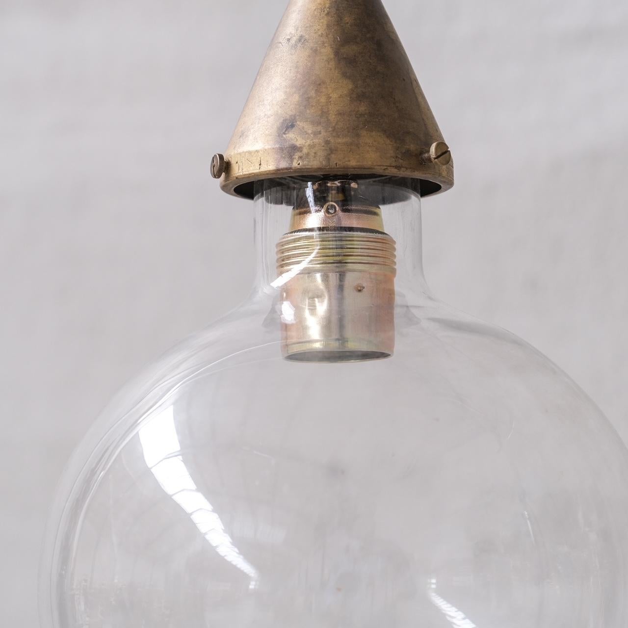 Clear Glass and Brass Bulb Mid-Century French Pendant Light For Sale 1