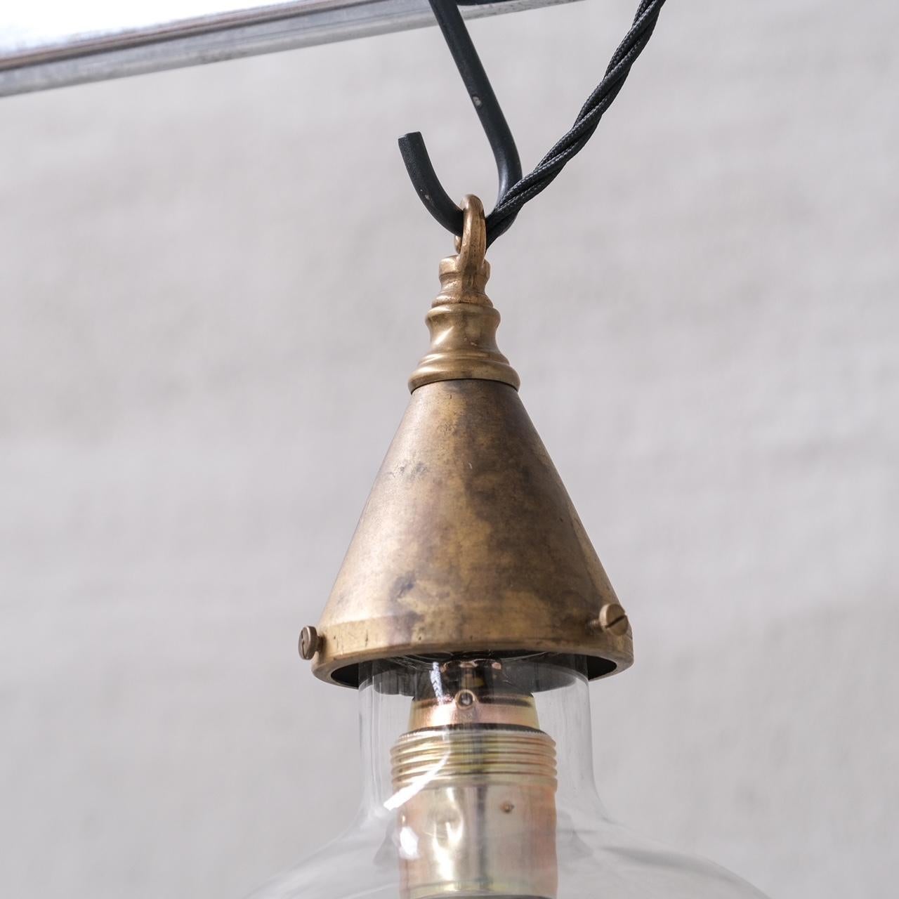 Clear Glass and Brass Bulb Mid-Century French Pendant Light For Sale 2