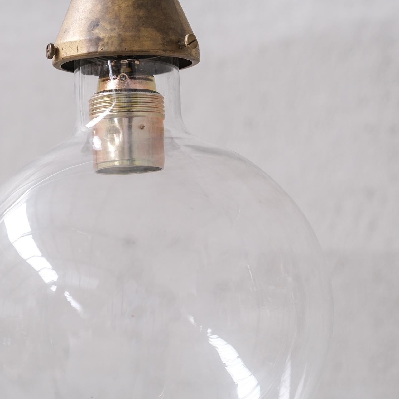 Clear Glass and Brass Bulb Mid-Century French Pendant Light For Sale 3