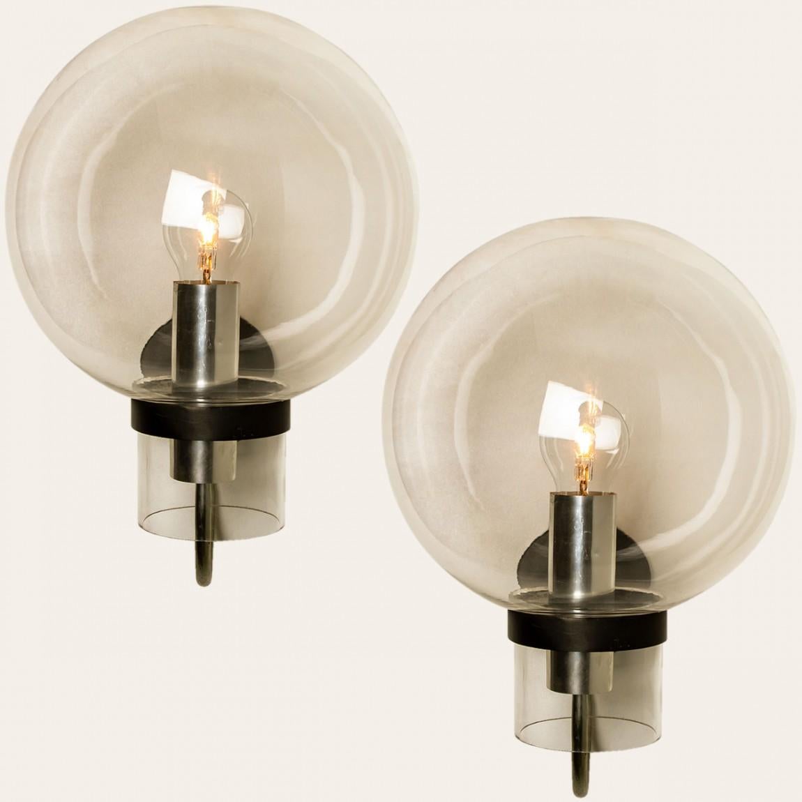 German Clear Glass and Metal Wall Lamps by Glashütte Limburg, 1975s For Sale