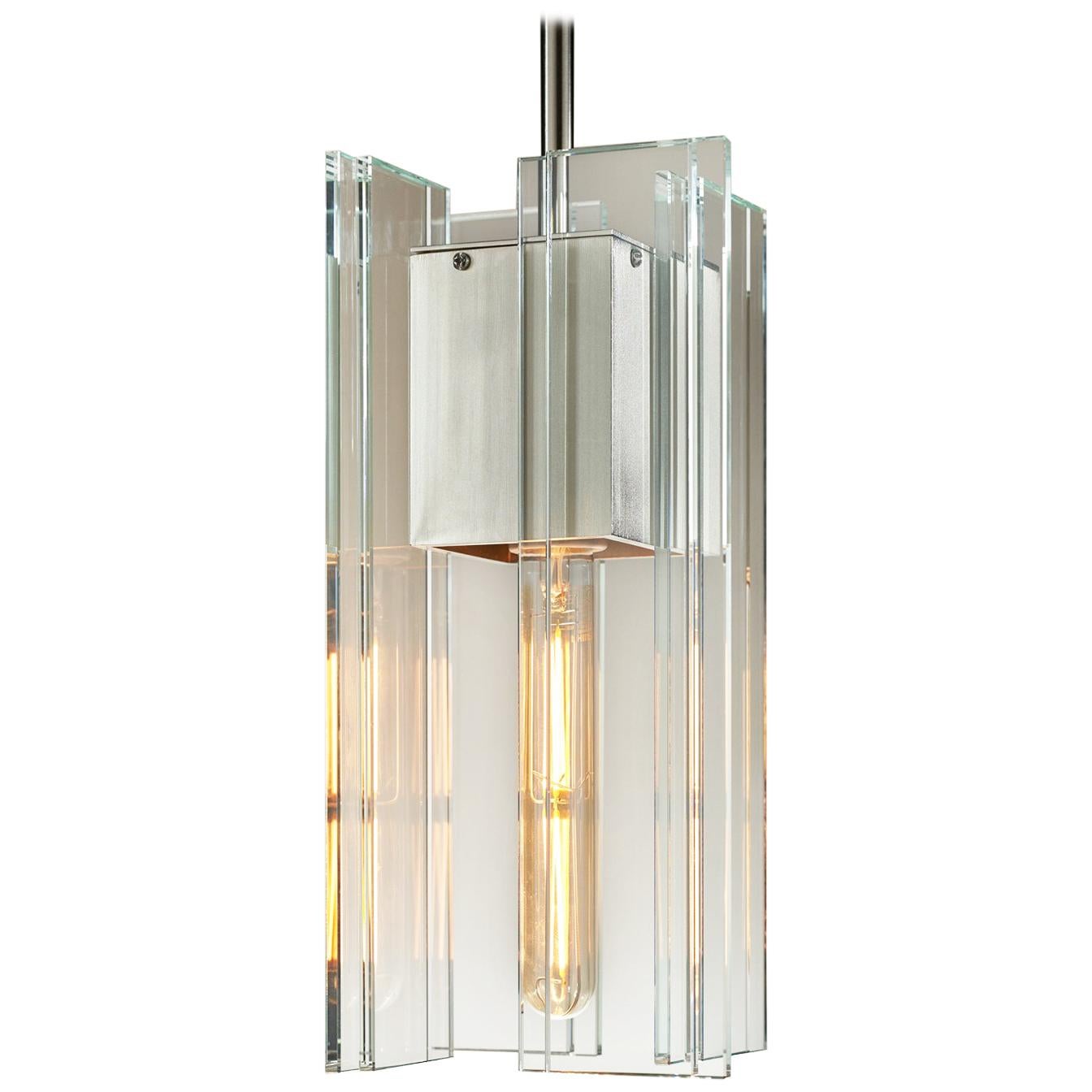 Clear Glass and Silver Aluminum Contemporary LED Hanging Pendant Light im Angebot