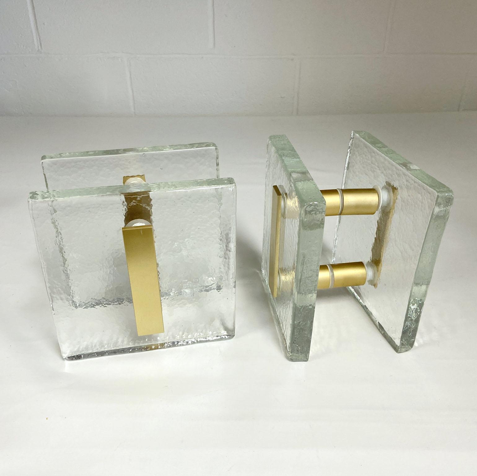 Mid-Century Modern Clear Glass Architectural Pairs of Push Pull Double Door Handles with Gold Metal For Sale