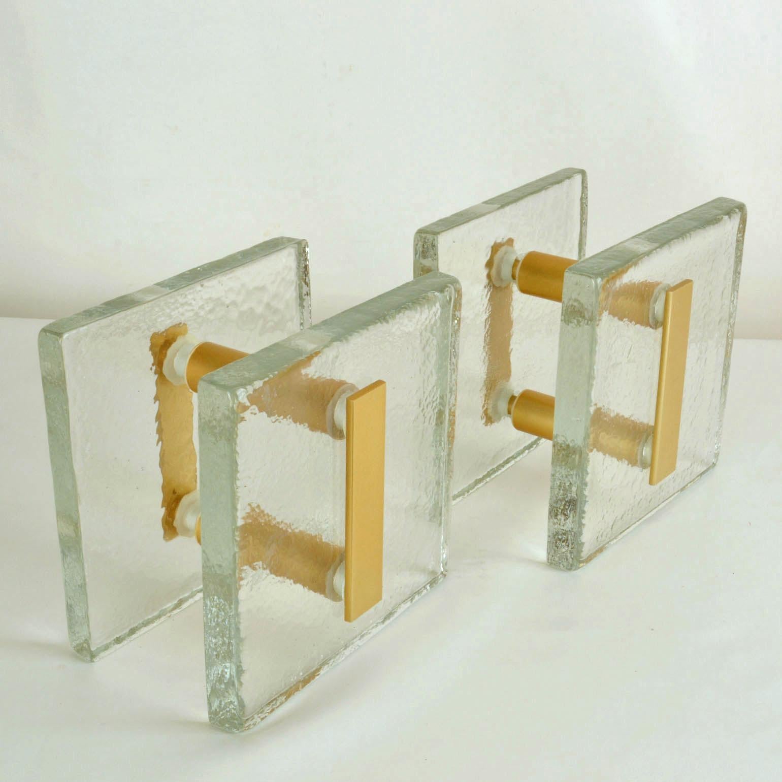 German Clear Glass Architectural Pairs of Push Pull Double Door Handles with Gold Metal For Sale