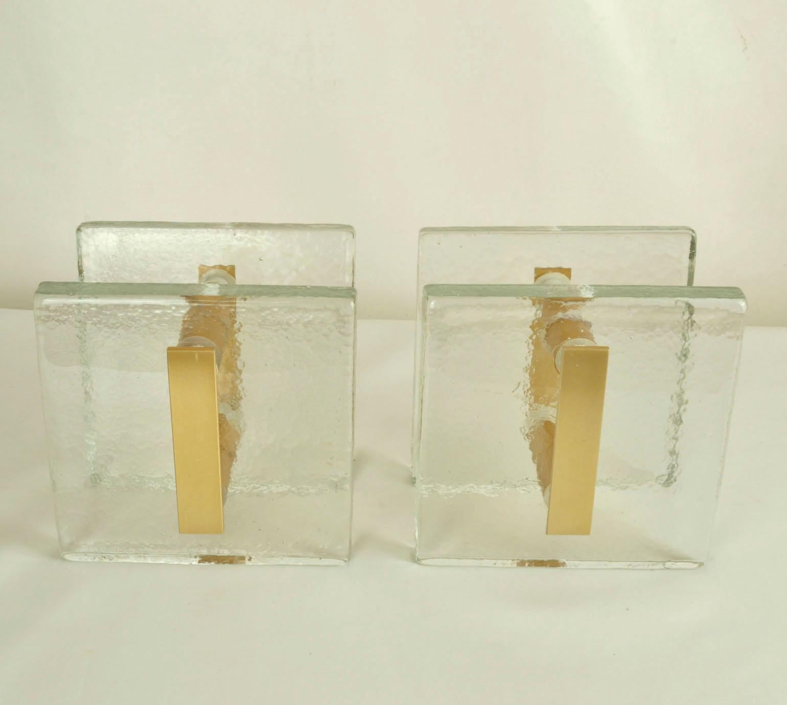 Cast Clear Glass Architectural Pairs of Push Pull Double Door Handles with Gold Metal For Sale