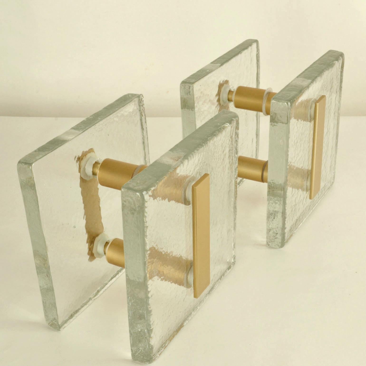 Clear Glass Architectural Pairs of Push Pull Double Door Handles with Gold Metal In Excellent Condition For Sale In London, GB
