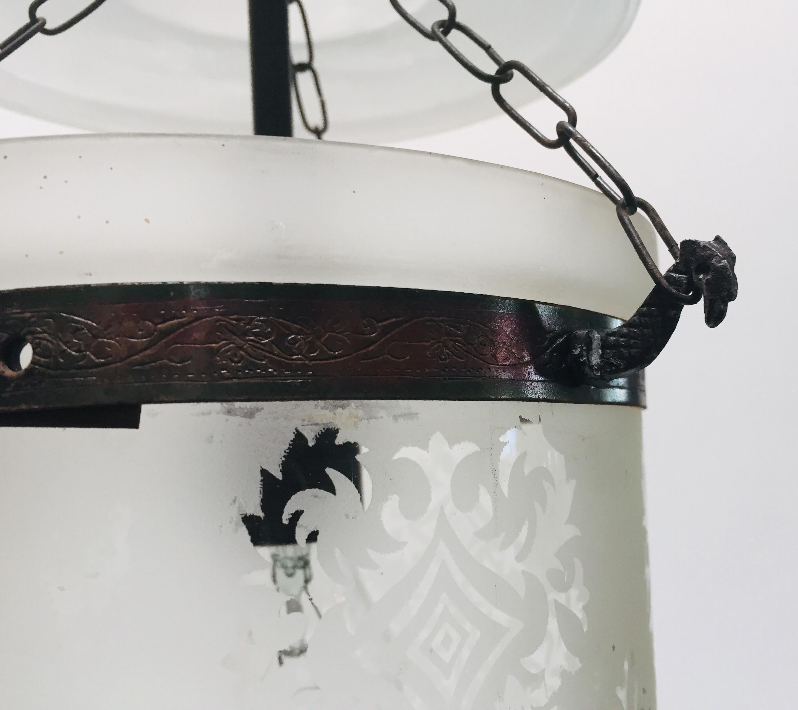 Blown Glass Frosted Clear Glass Bell Jar Hall Lantern For Sale