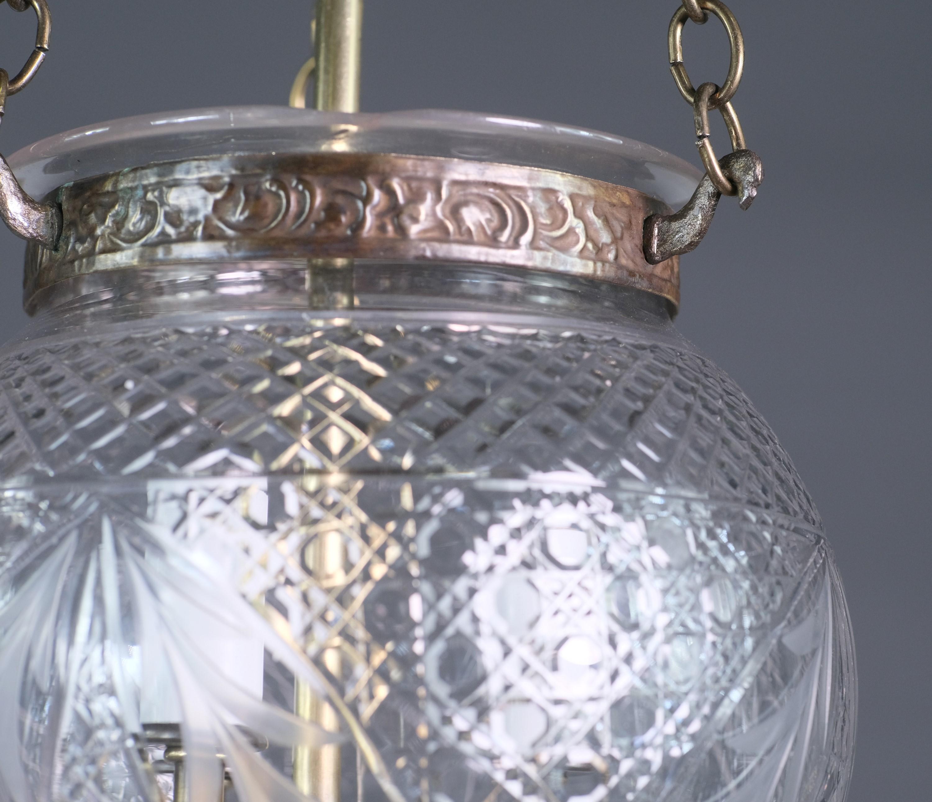 20th Century Clear Glass Bell Jar Pendant Light Leaves Brass Hardware