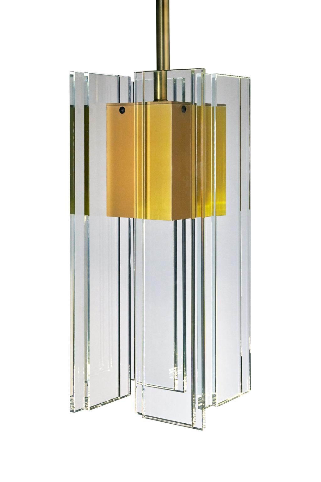 Modern Clear Glass with Brass and Anodized Gold Aluminum Contemporary LED PendantLight  For Sale