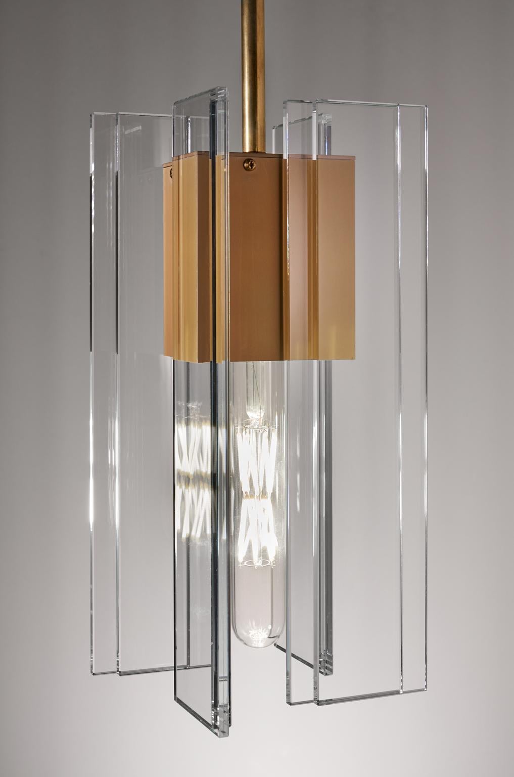 Clear Glass with Brass and Anodized Gold Aluminum Contemporary LED PendantLight  In Excellent Condition For Sale In Waltham, MA