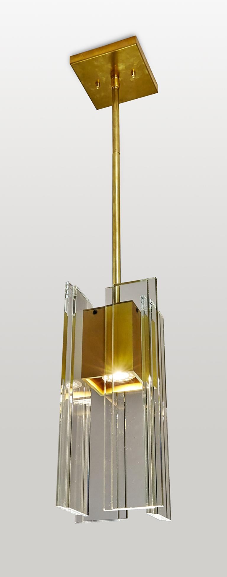 Clear Glass with Brass and Anodized Gold Aluminum Contemporary LED PendantLight  For Sale 1