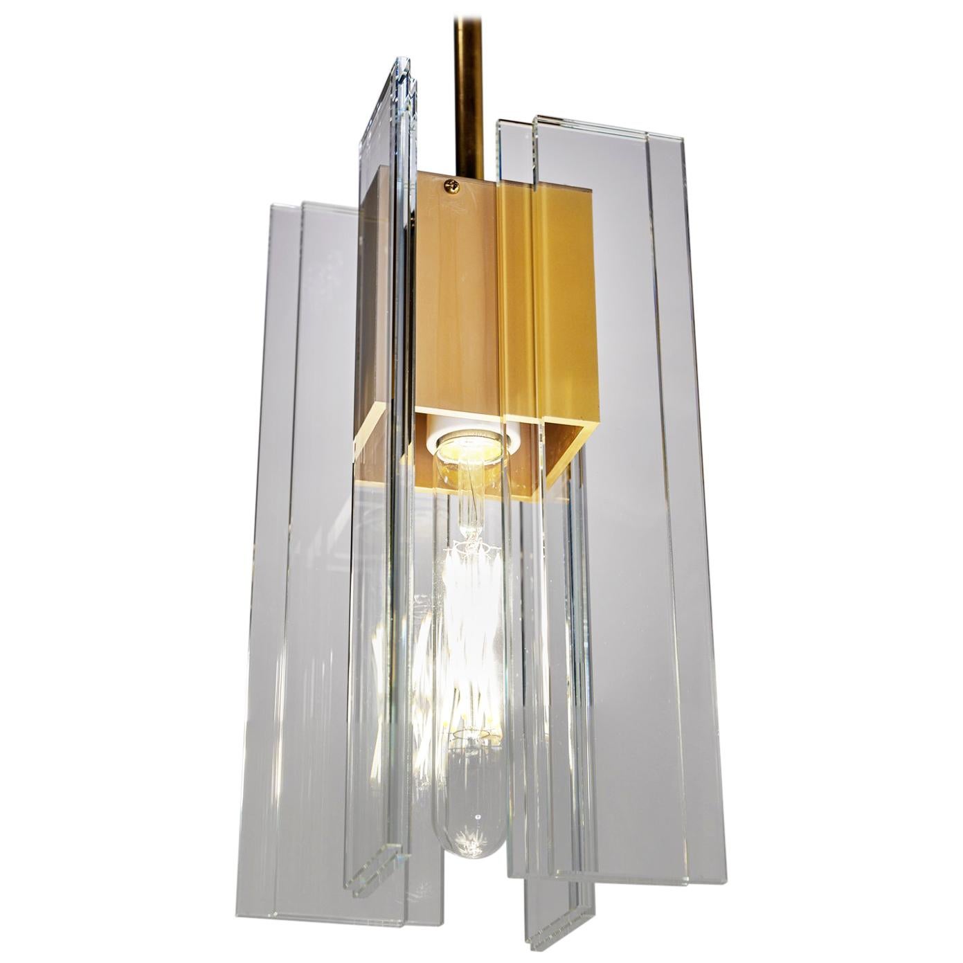 Clear Glass with Brass and Anodized Gold Aluminum Contemporary LED PendantLight  For Sale