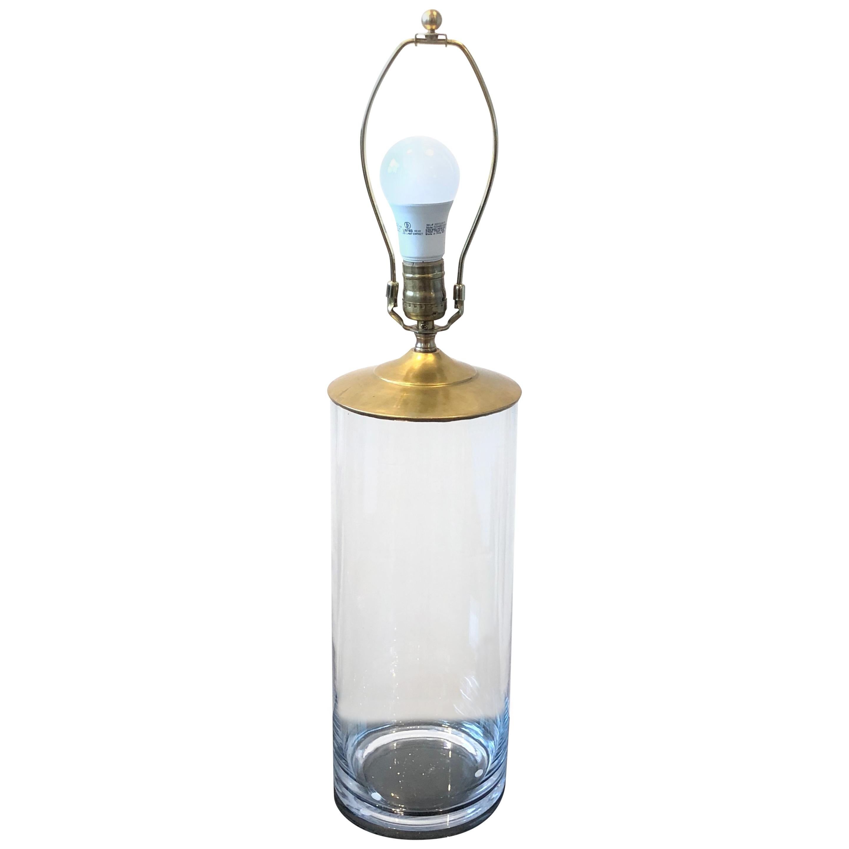 Clear Glass Cylinder Lamp with Brass Hardware For Sale
