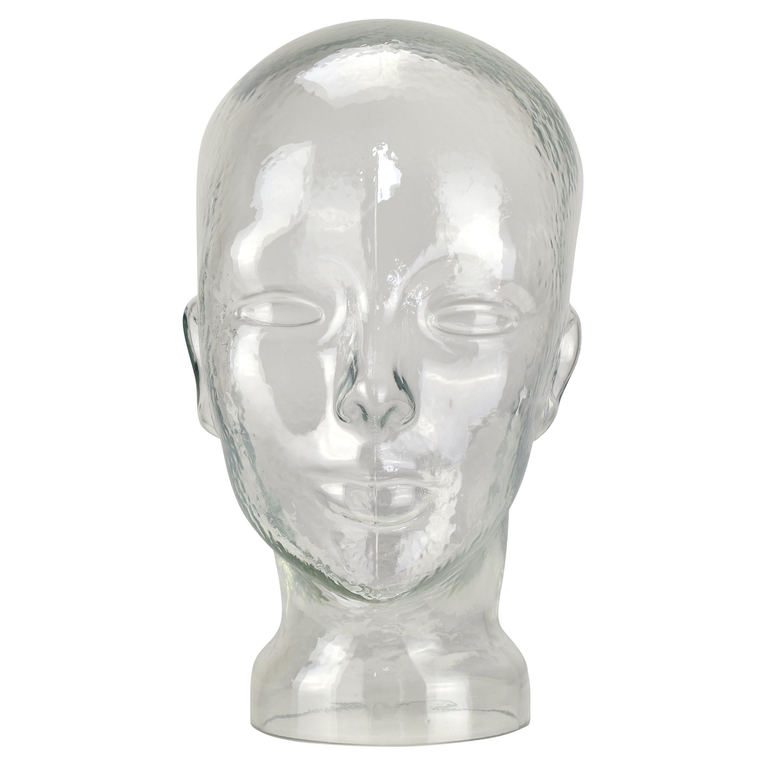 Clear Glass Mannequin Head Sculpture, 1970s German Decorative Design For Sale