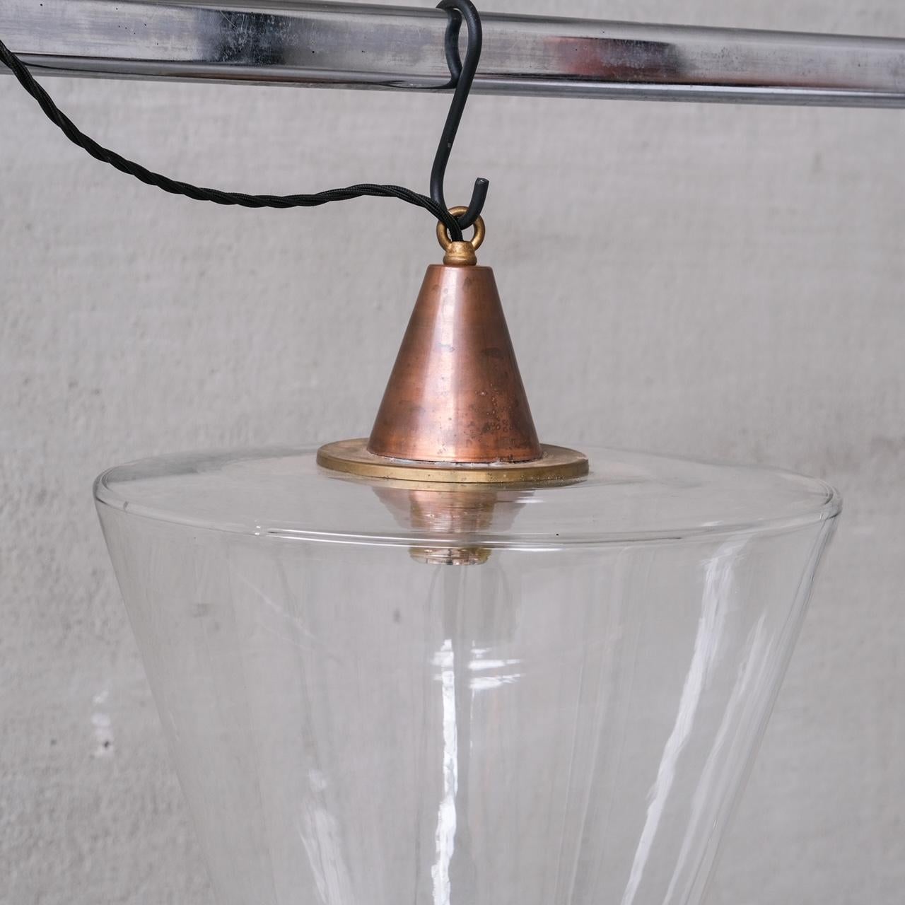 French Clear Glass Mid-Century Copper Conical Pendant Light For Sale