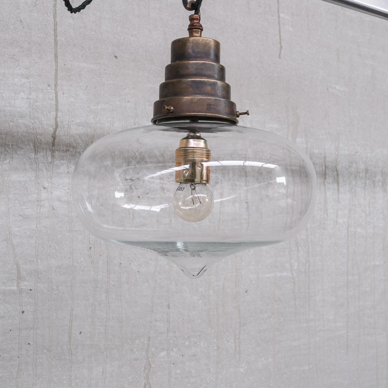 Brass Clear Glass Midcentury French Pendant Light For Sale