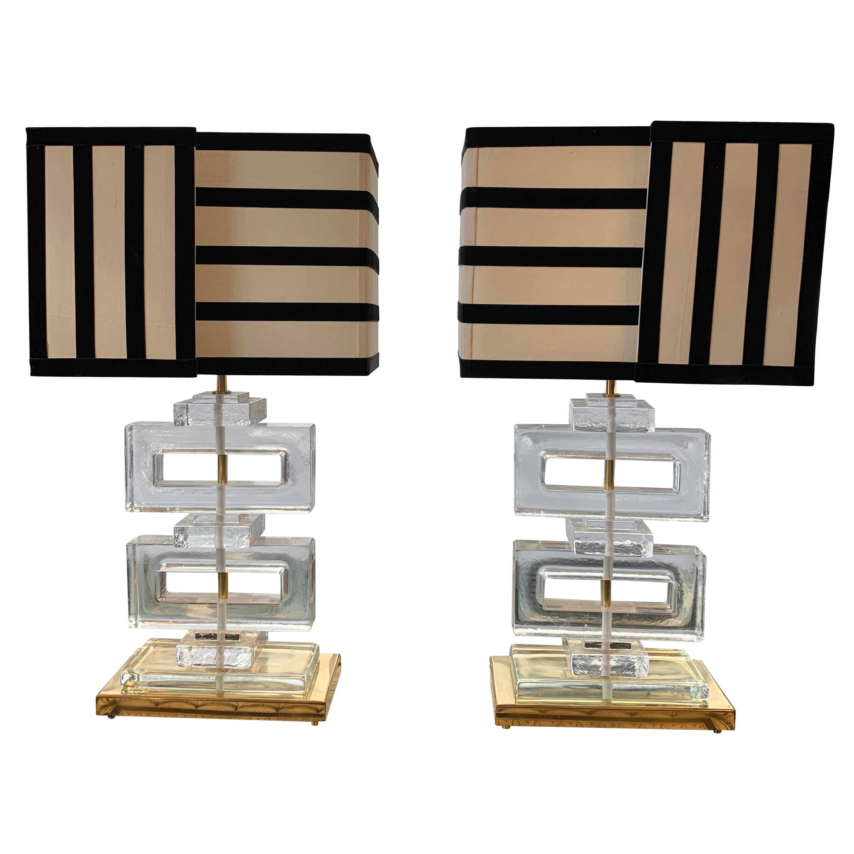 Murano Clear Glass Lamps with Striped Black and White Lampshades, 1970s For Sale at 1stDibs
