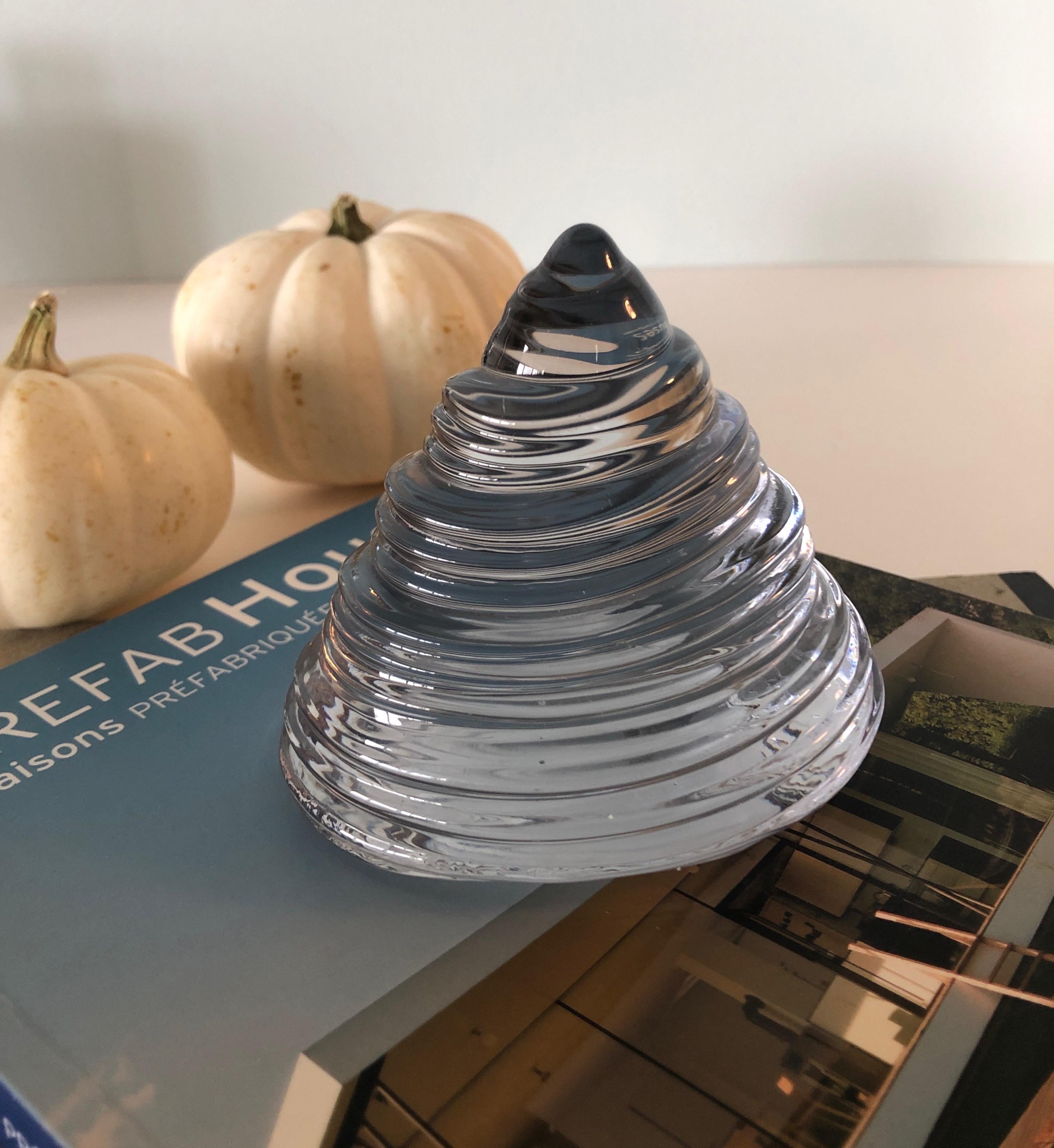 Hand-Crafted Clear Glass Paperweight in a Cone Shell Shape