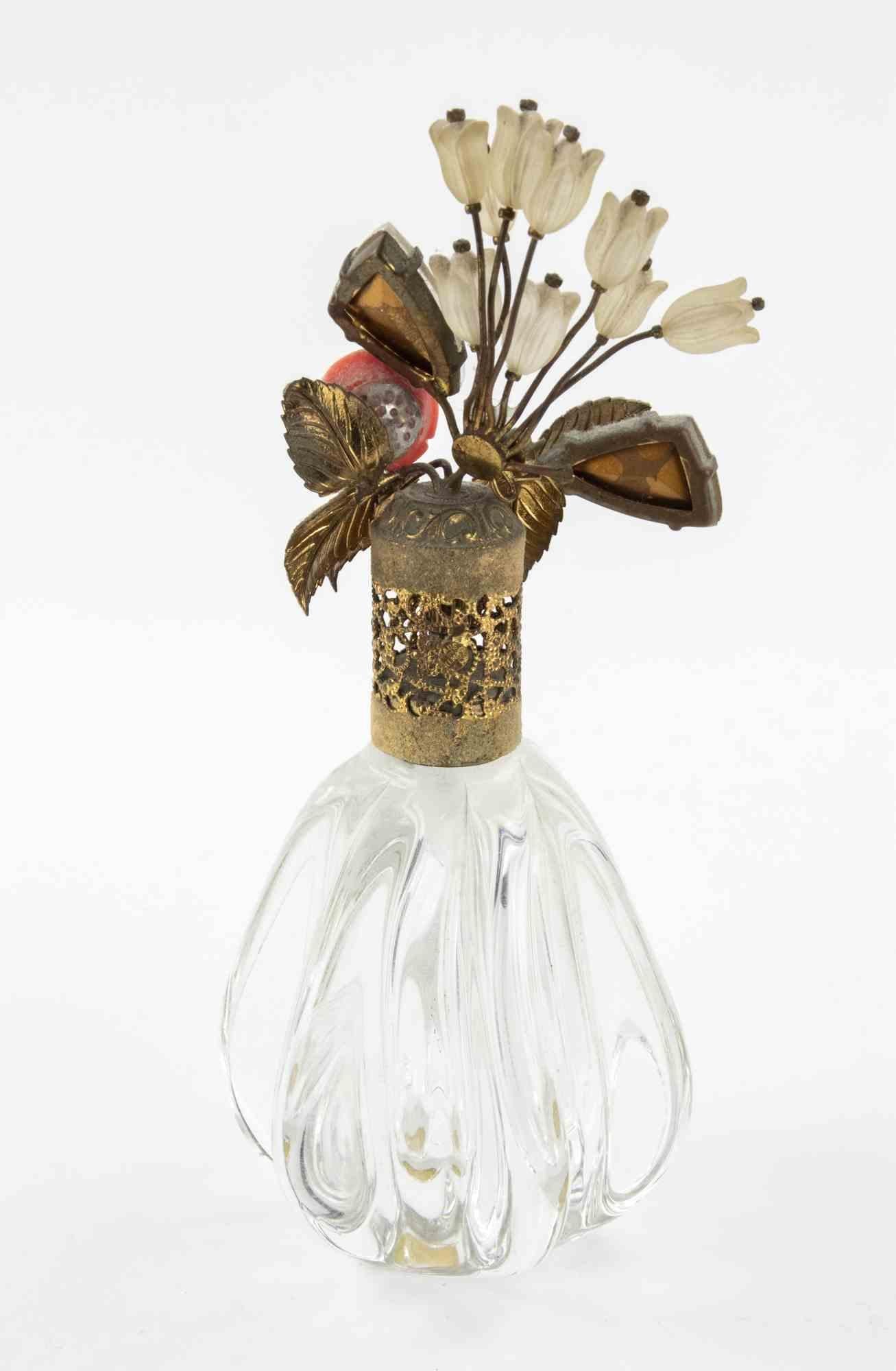 French Clear Glass Perfume Bottle with Jeweled Top, 1930s For Sale