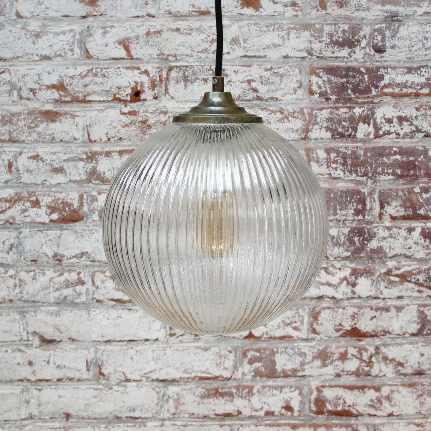 20th Century Clear Glass Vintage European Brass Top Pendant Lights For Sale