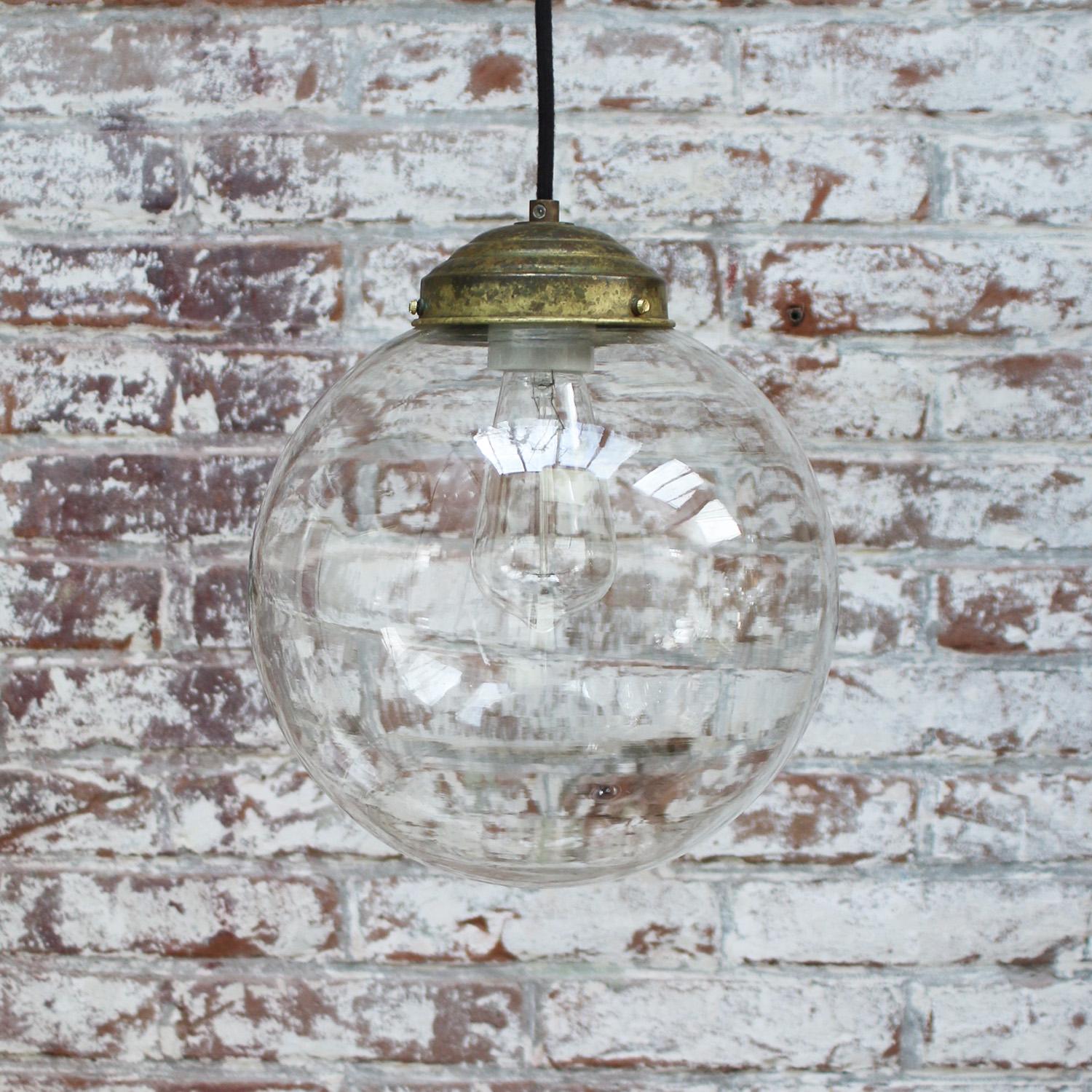 20th Century Clear Glass Vintage European Brass Top Pendant Lights For Sale