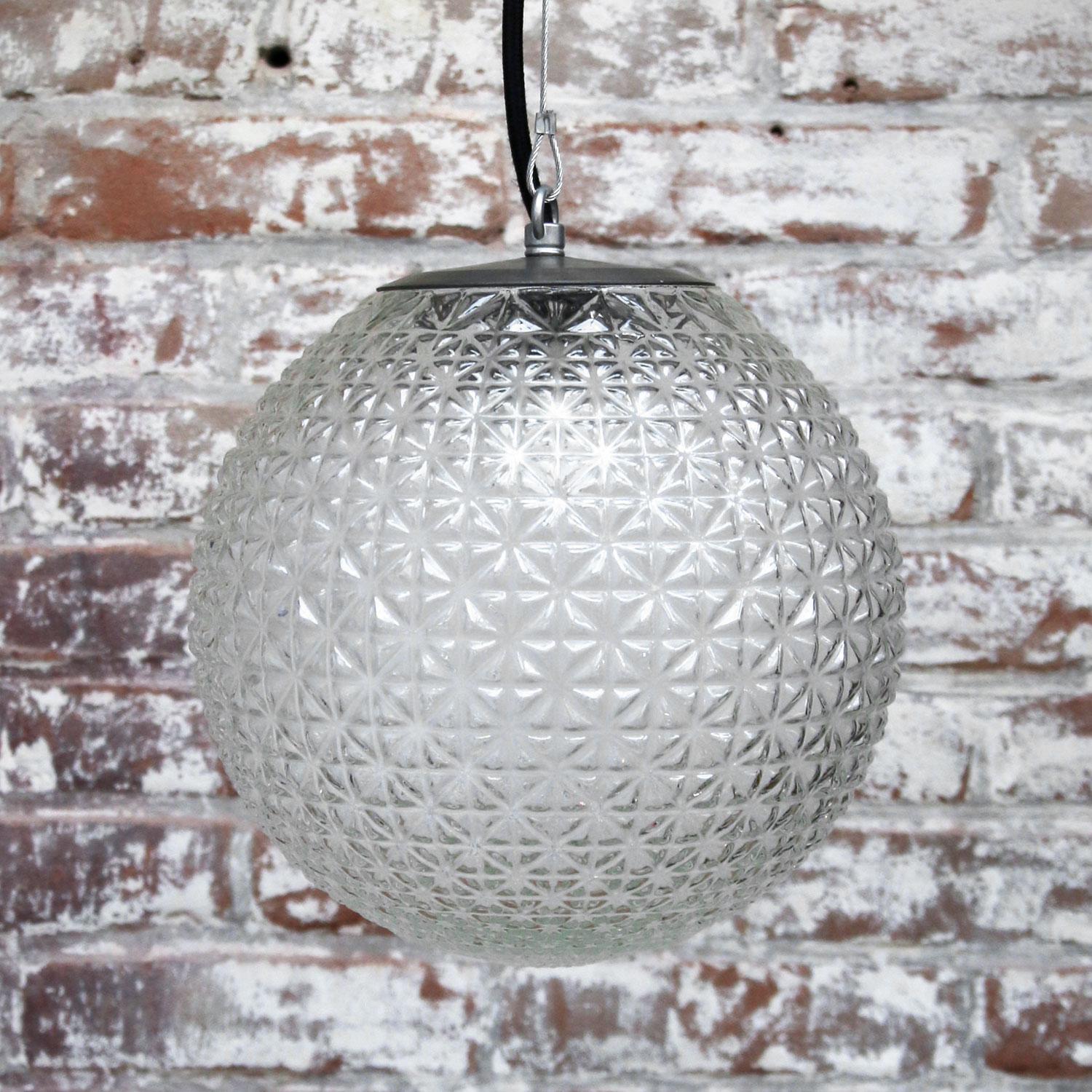 Clear Glass Vintage European Metal Top Pendant Lights (1x) In Good Condition In Amsterdam, NL