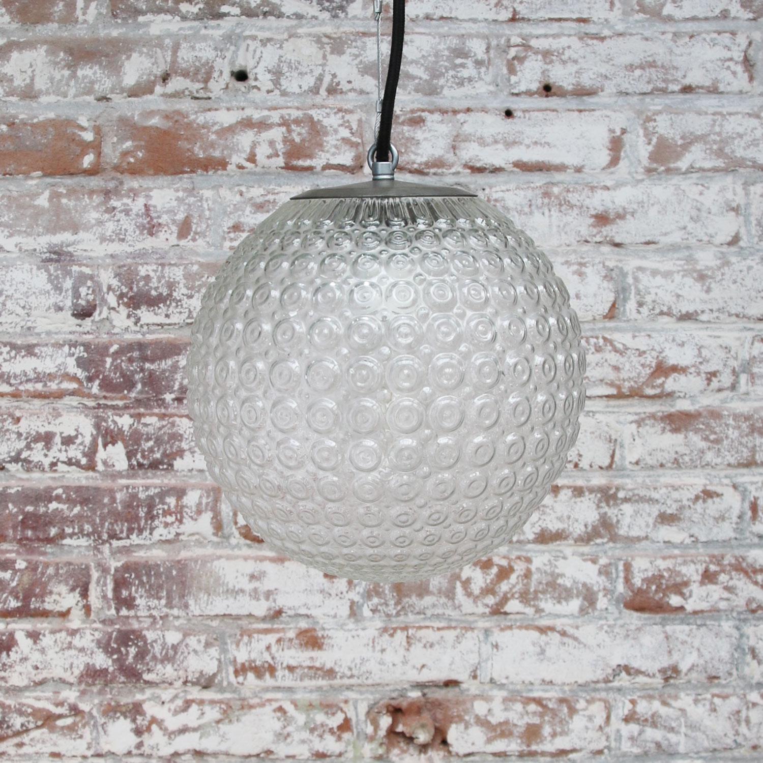 Clear Glass Vintage European Metal Top Pendant Lights (3x) In Good Condition In Amsterdam, NL