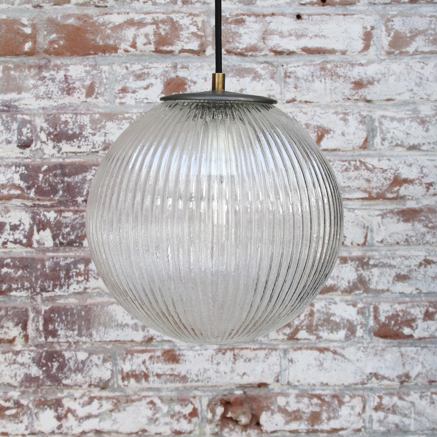 Clear Glass Vintage European Metal Top Pendant Light In Good Condition In Amsterdam, NL