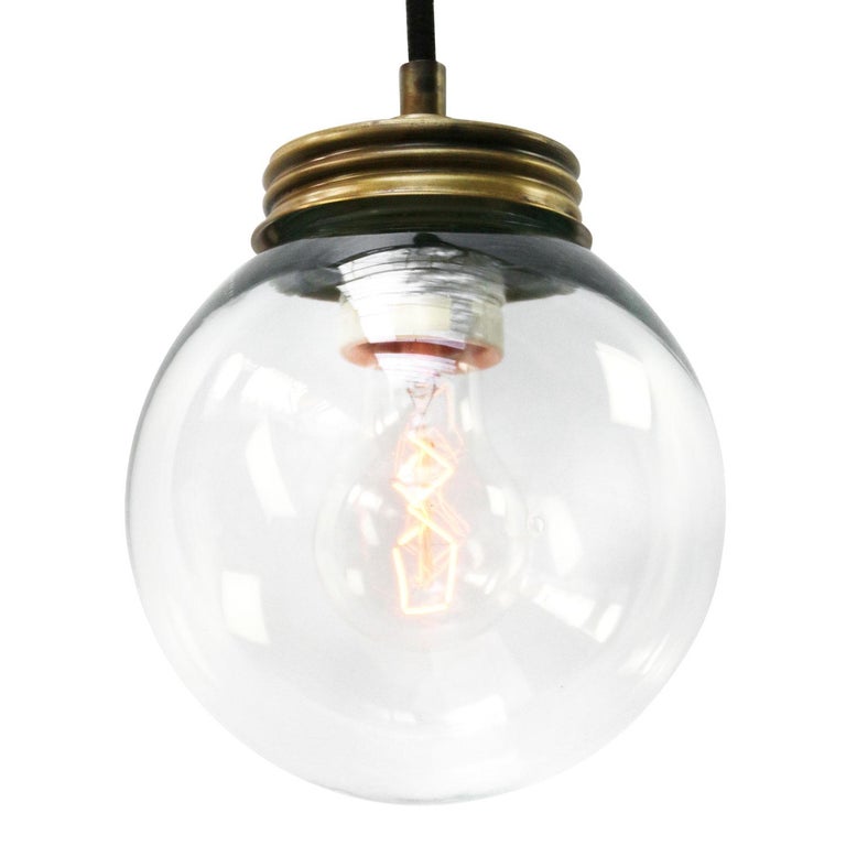 Dutch Clear Glass Vintage Industrial Brass Pendant Lights For Sale