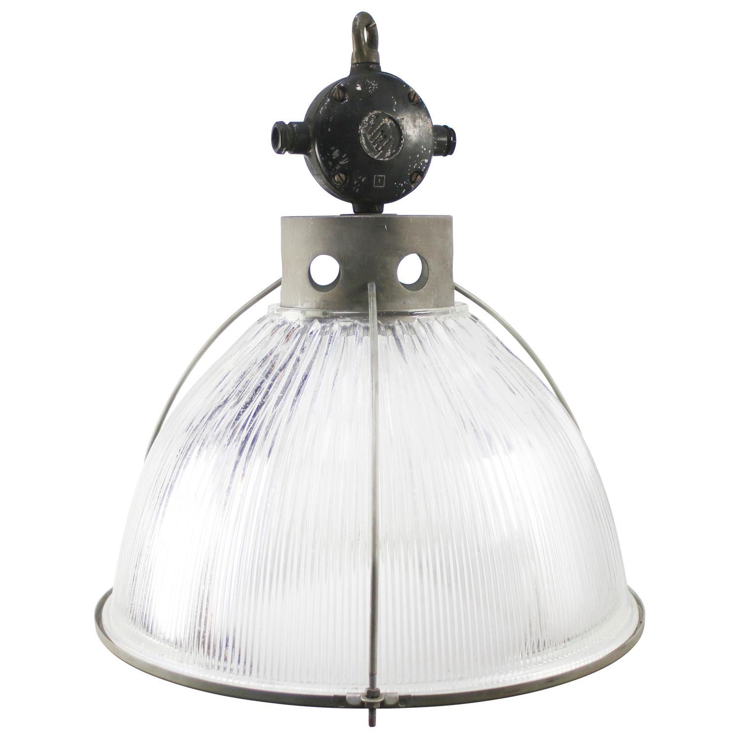 British Clear Glass Vintage Industrial Pendant Light by Holophane