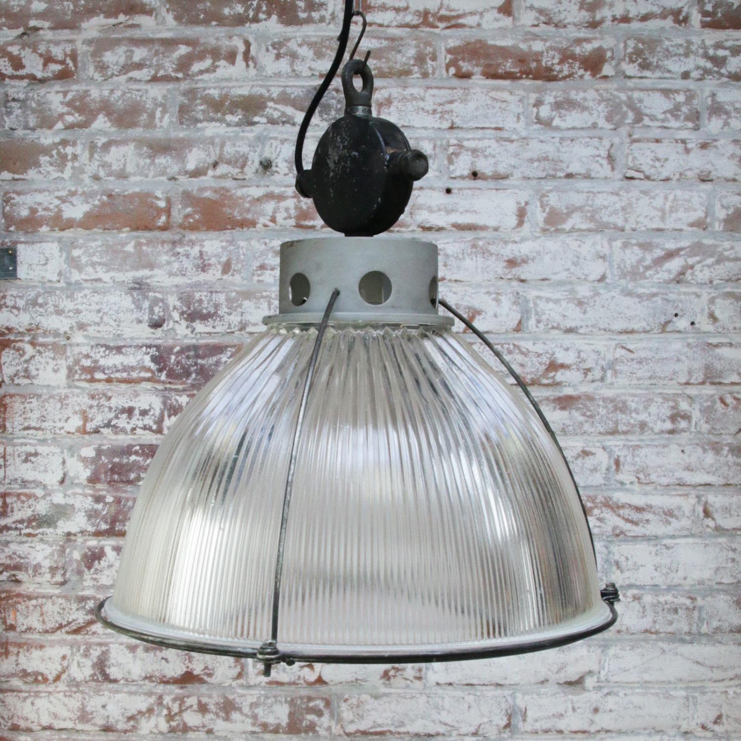 Clear Glass Vintage Industrial Pendant Light by Holophane 2