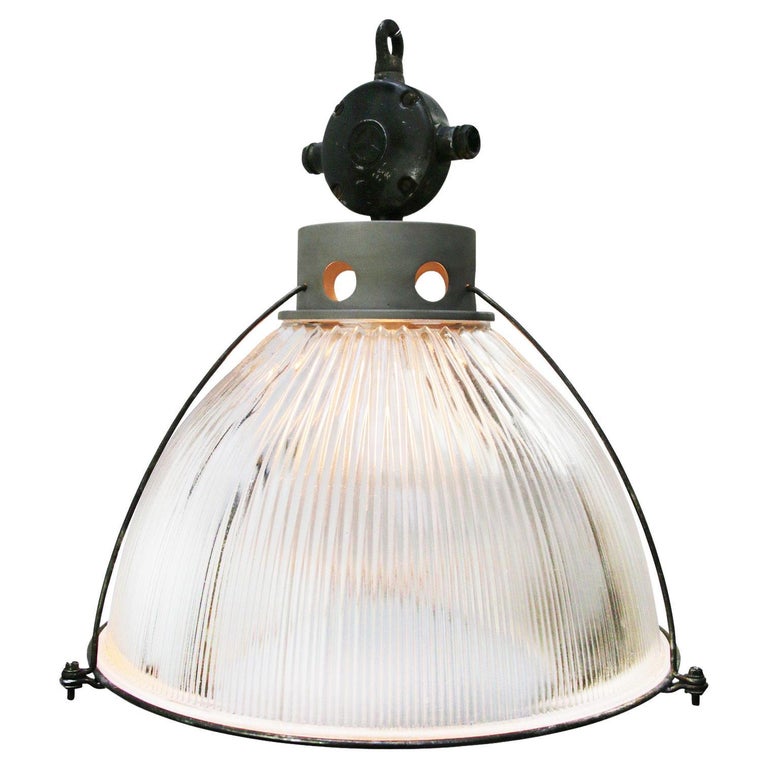 Fresh Look at Clear Glass Vintage Industrial Pendant Light By Holophane For Sale