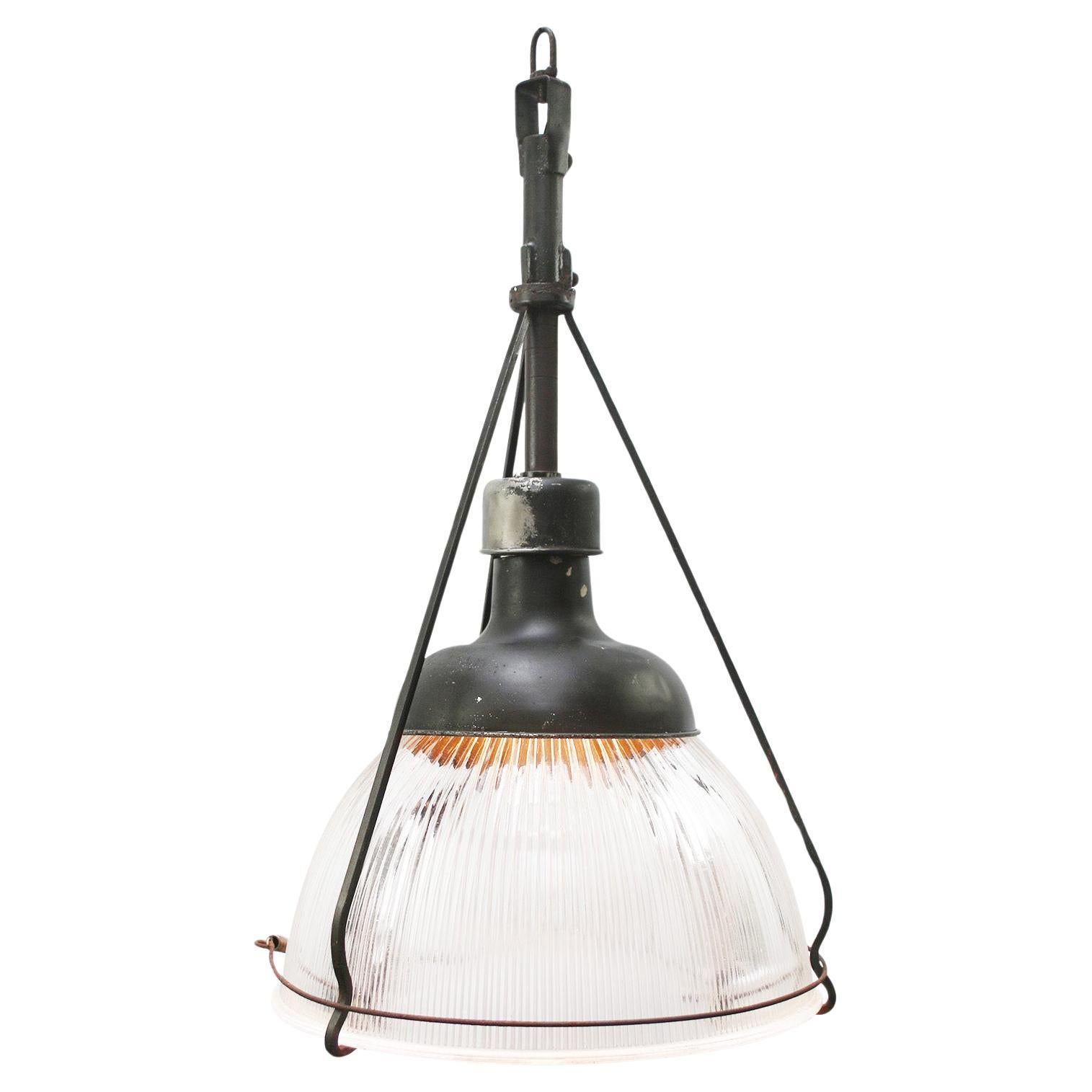 Lampe à suspension industrielle vintage en verre transparent par Holophane, États-Unis en vente