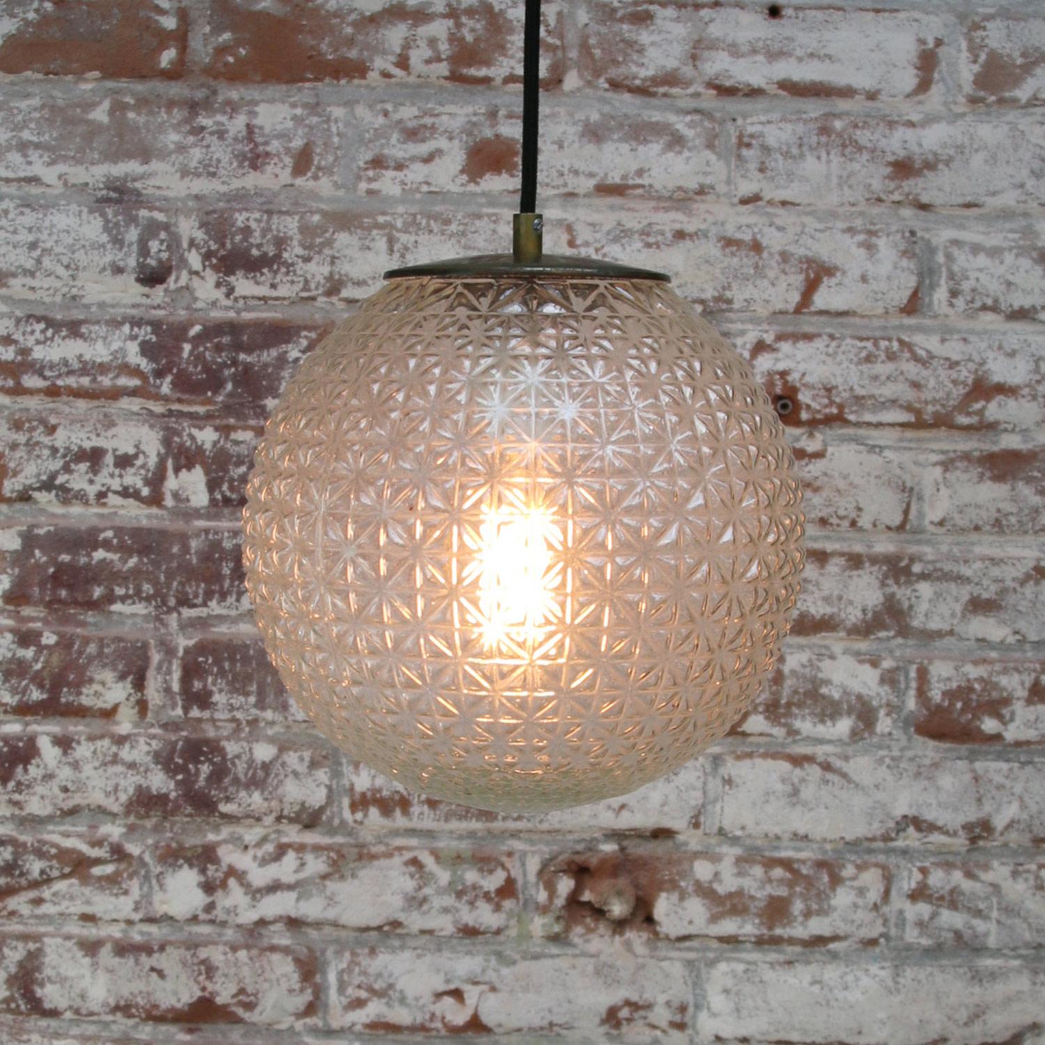 20th Century Clear Glass Vintage Midcentury Brass Top Pendant Lights For Sale