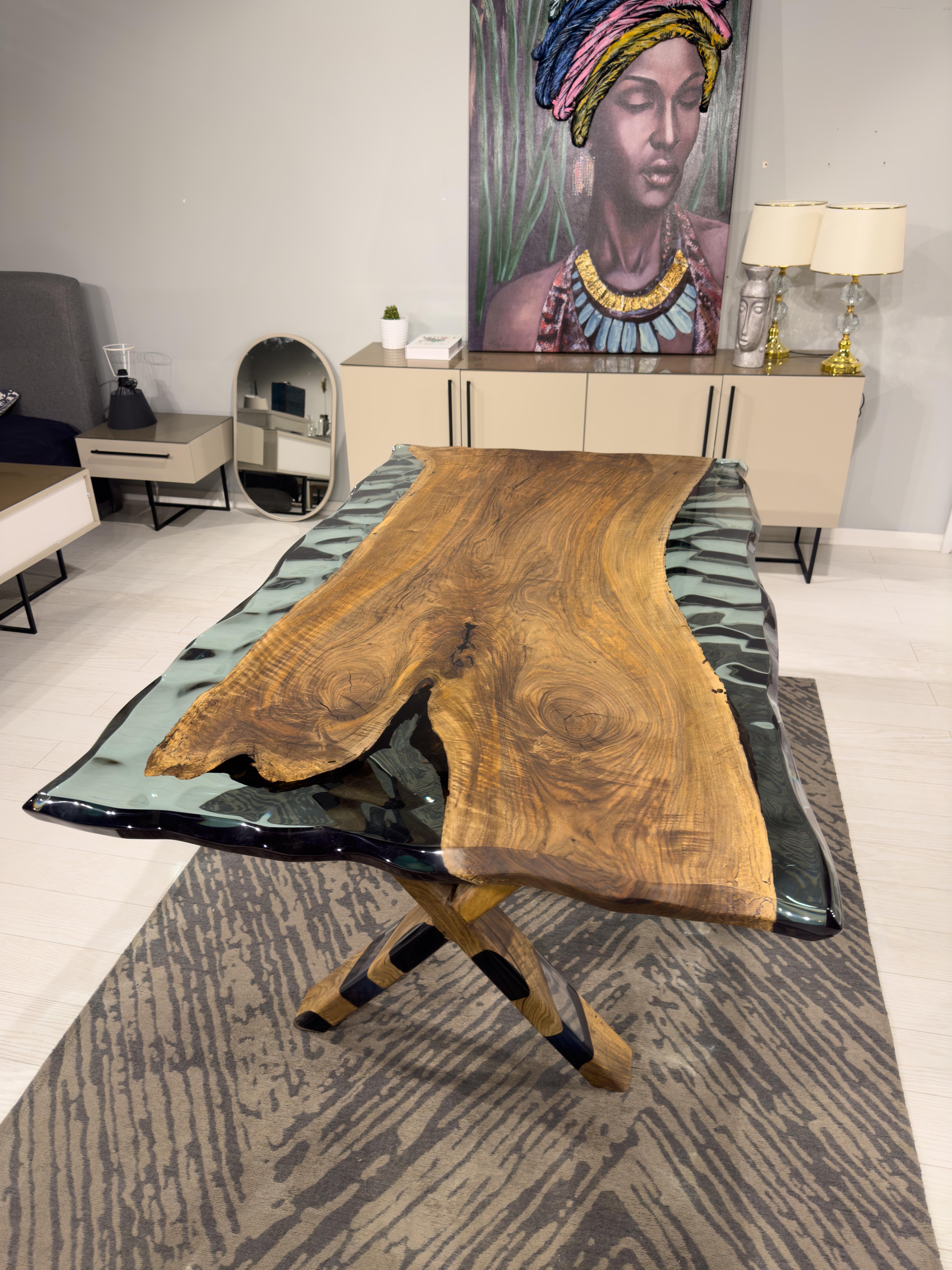 Clear Green Epoxy Resin Live Edge Dining Table For Sale 3
