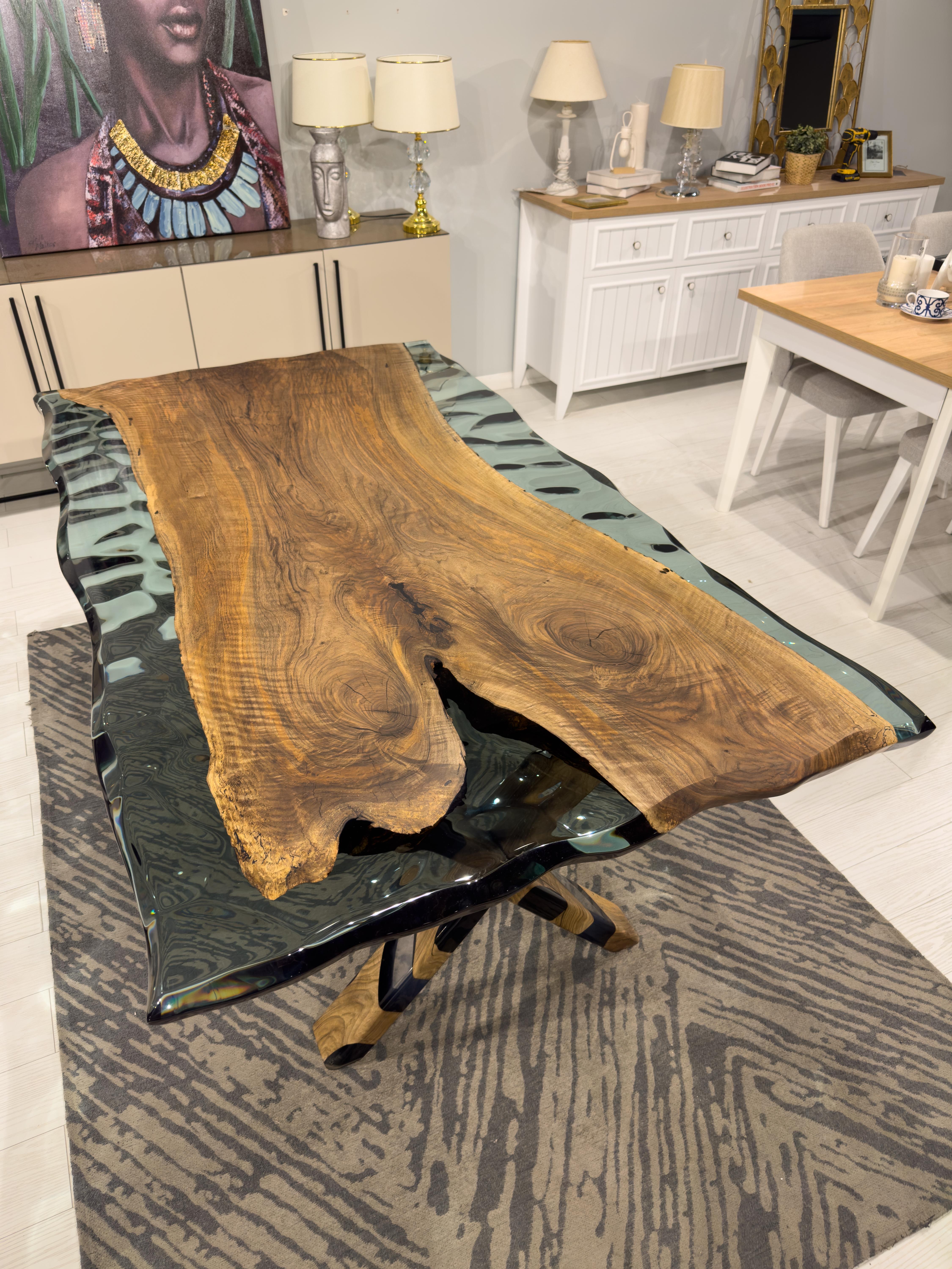 Clear Green Epoxy Resin Live Edge Dining Table For Sale 4