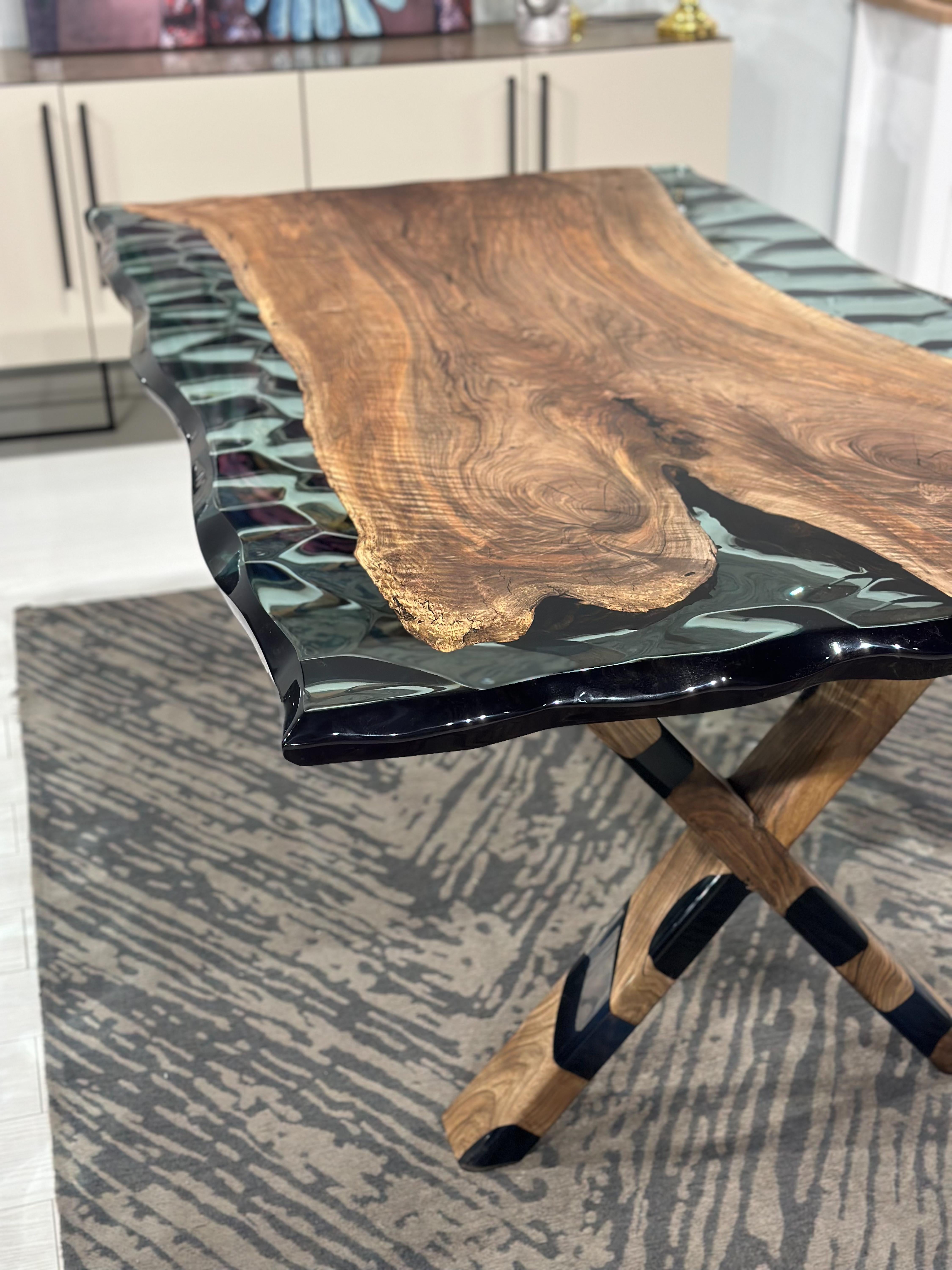 Arts and Crafts Clear Green Epoxy Resin Live Edge Dining Table For Sale