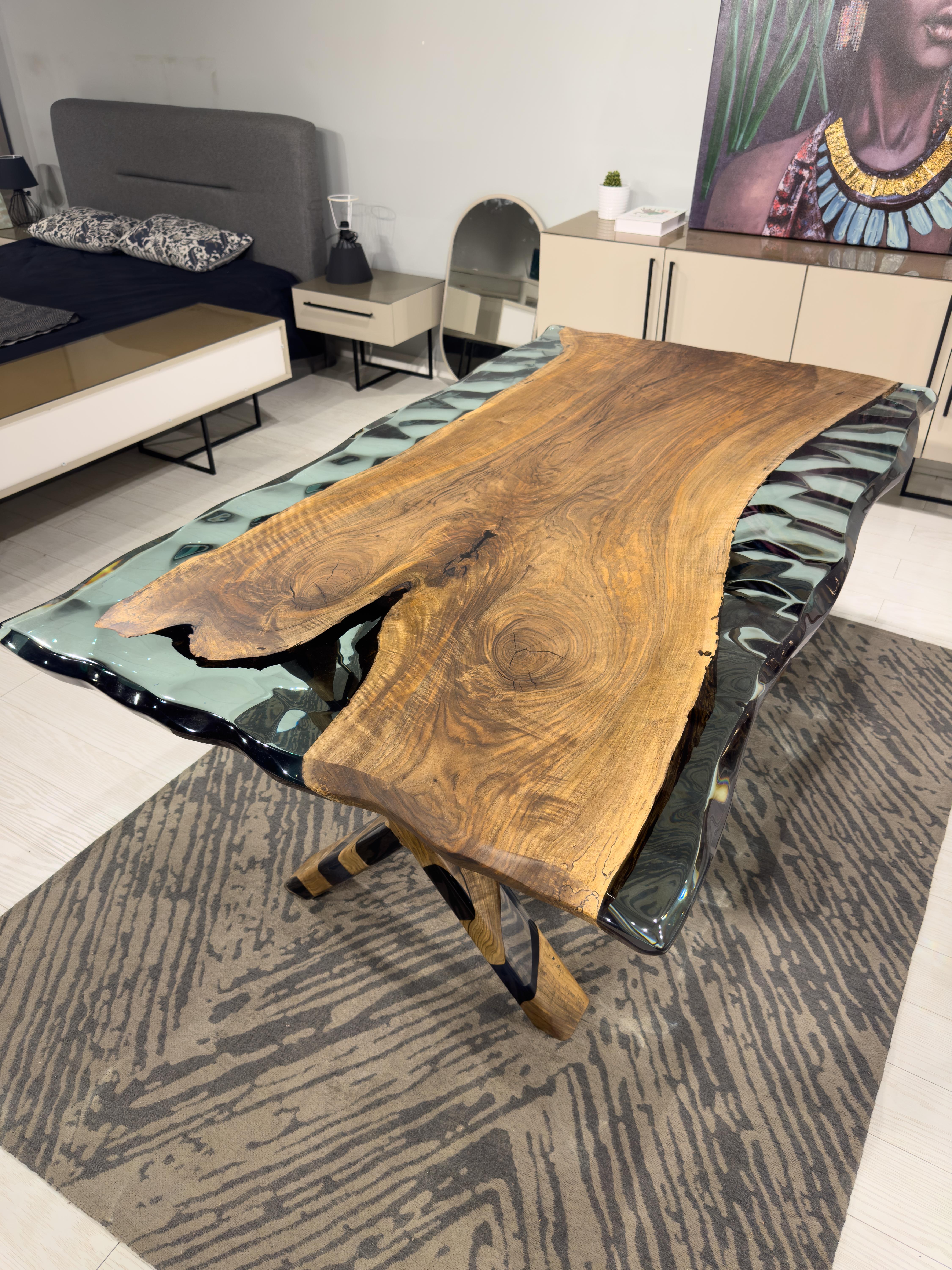 Turkish Clear Green Epoxy Resin Live Edge Dining Table For Sale