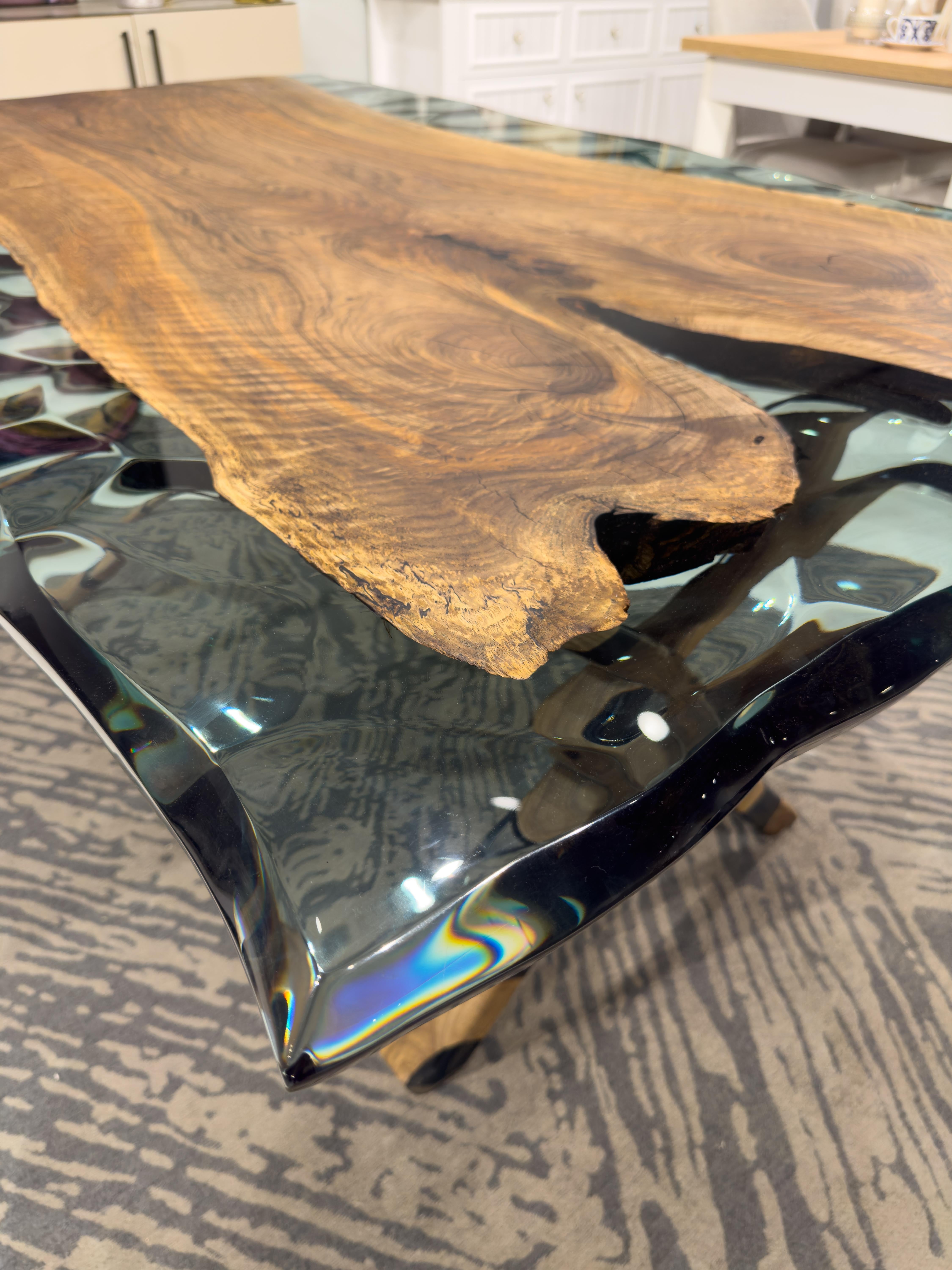 Hand-Carved Clear Green Epoxy Resin Live Edge Dining Table For Sale