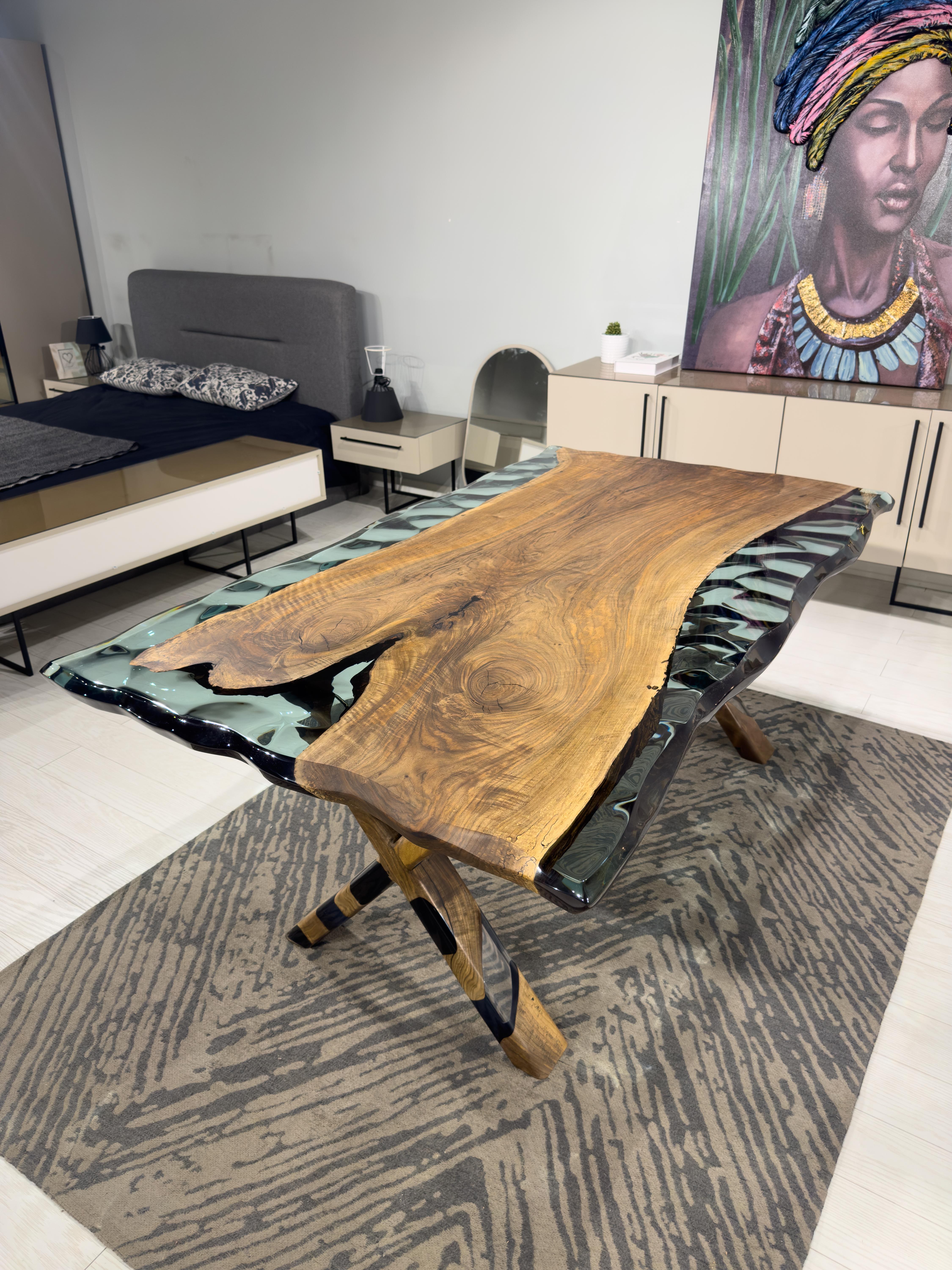 Contemporary Clear Green Epoxy Resin Live Edge Dining Table For Sale