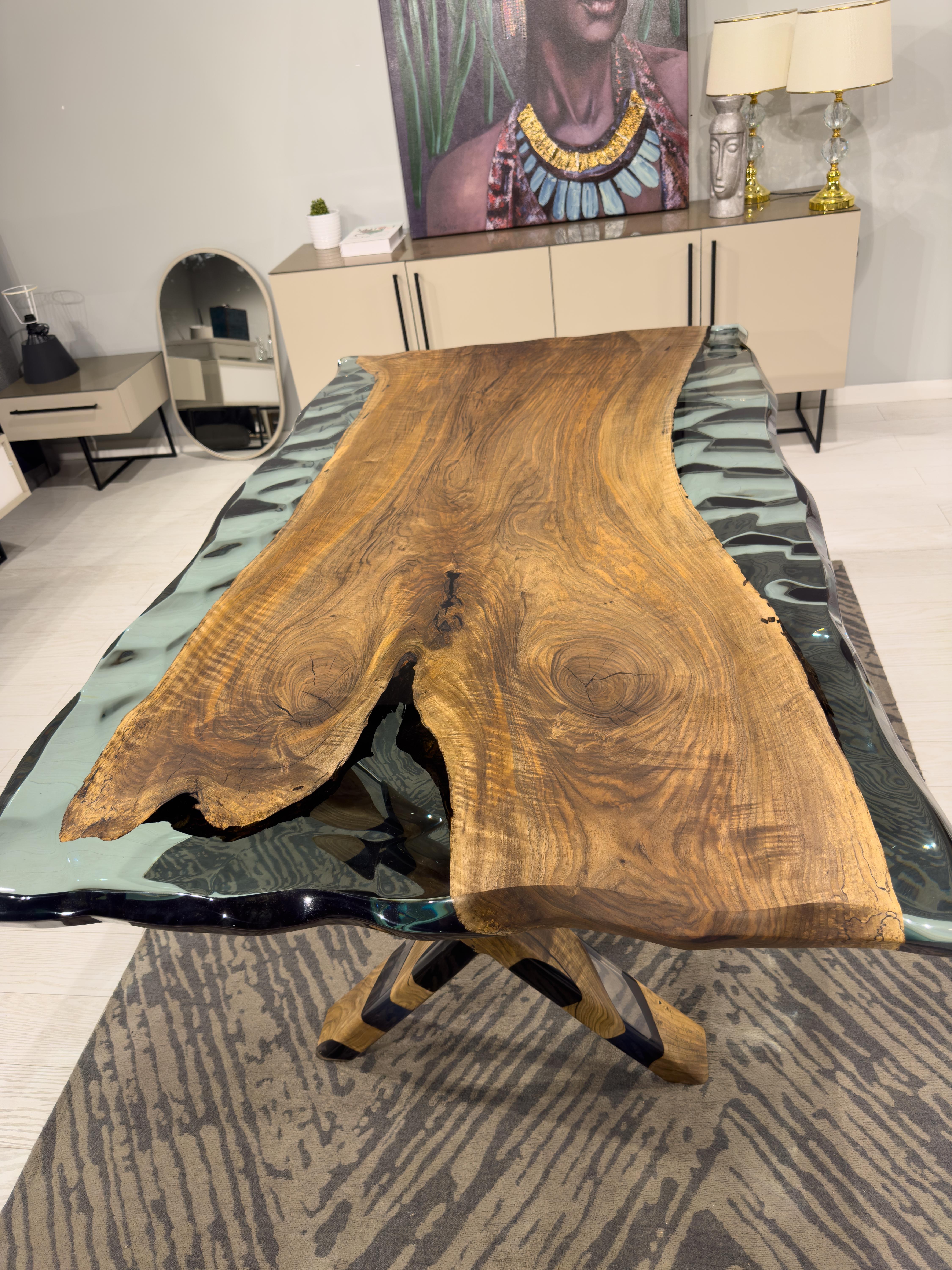 Clear Green Epoxy Resin Live Edge Dining Table For Sale 1