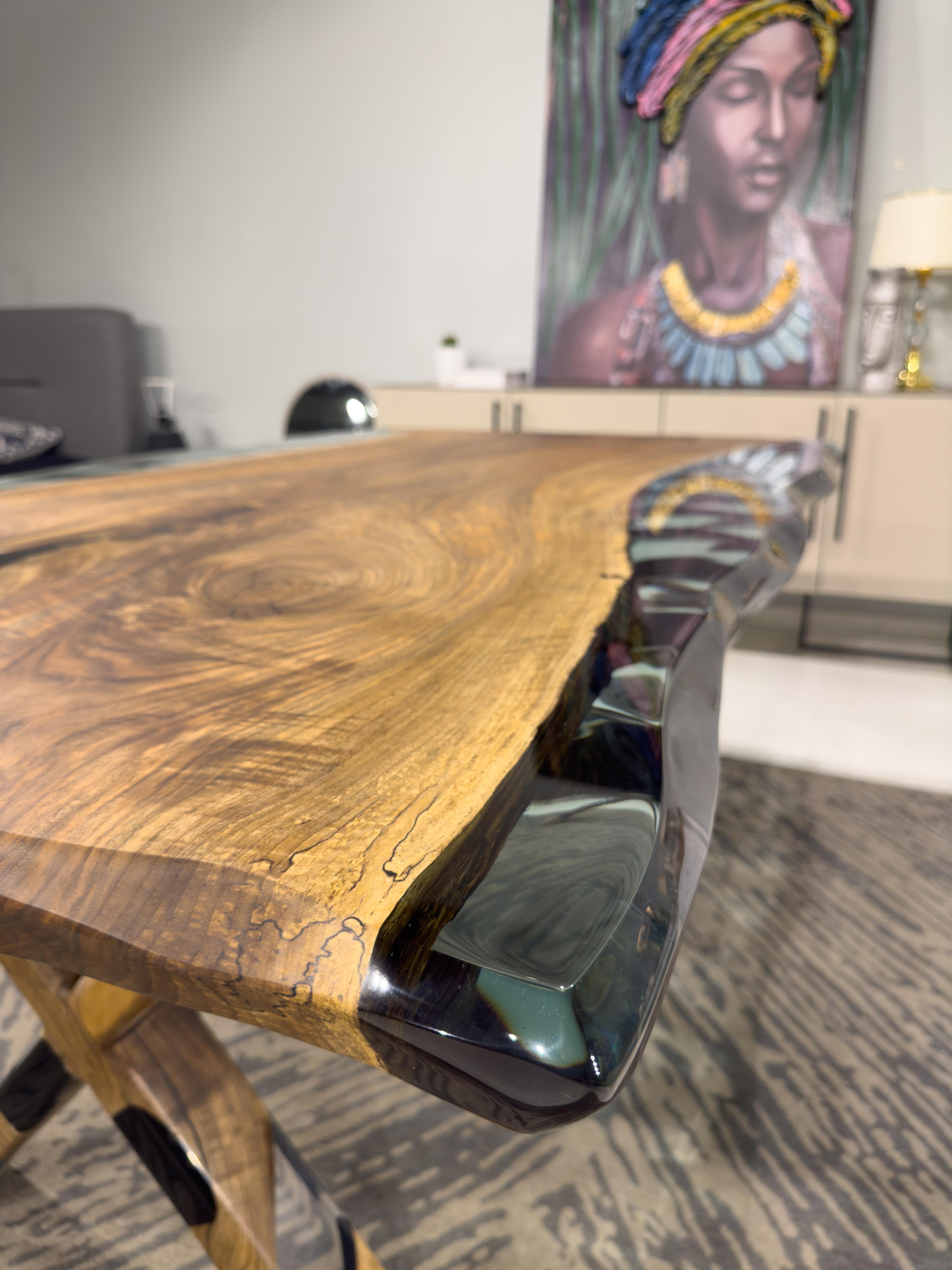 Clear Green Epoxy Resin Live Edge Dining Table For Sale 2