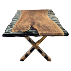 Vintage Clear Green Epoxy Resin Live Edge Dining Table