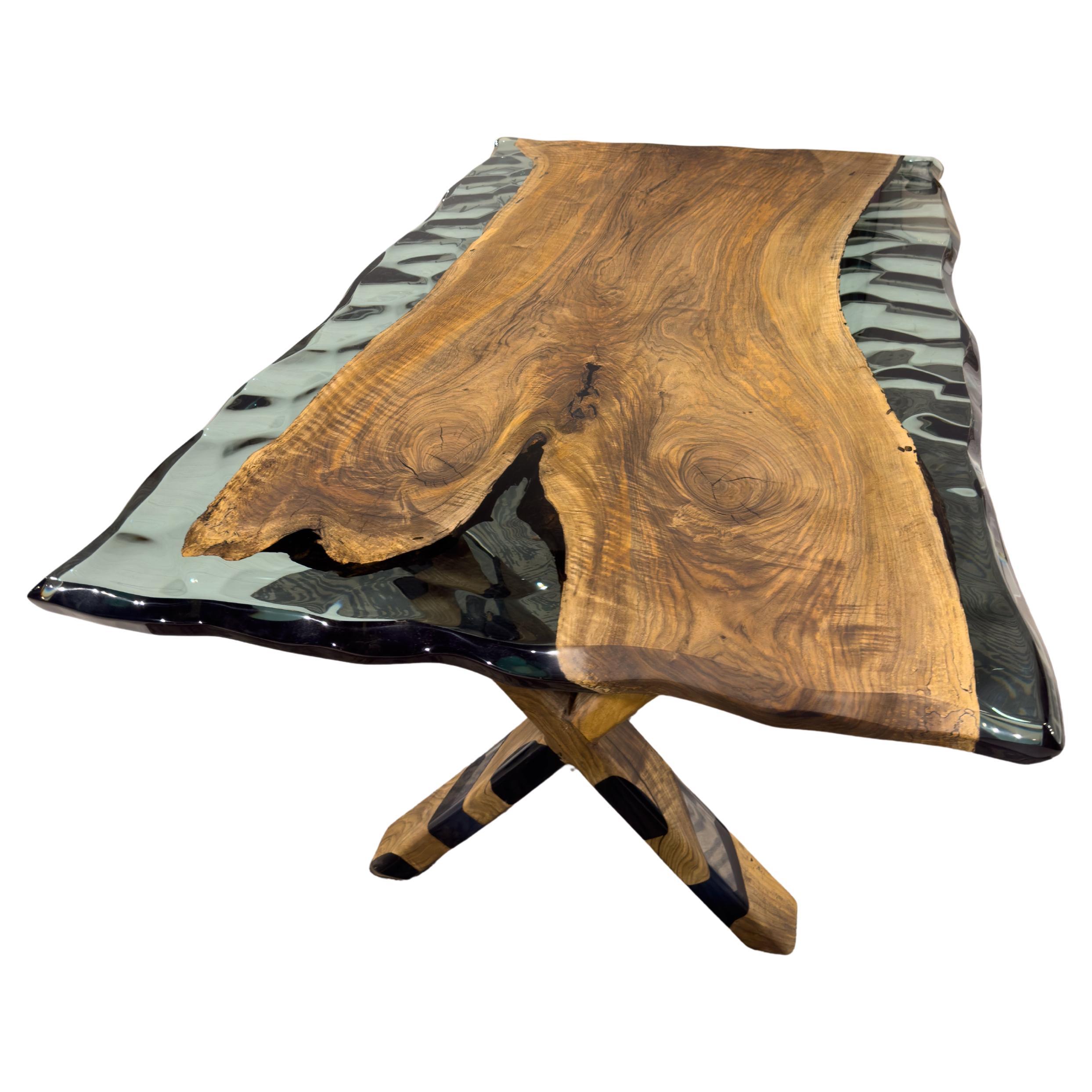 Clear Green Epoxy Resin Live Edge Dining Table