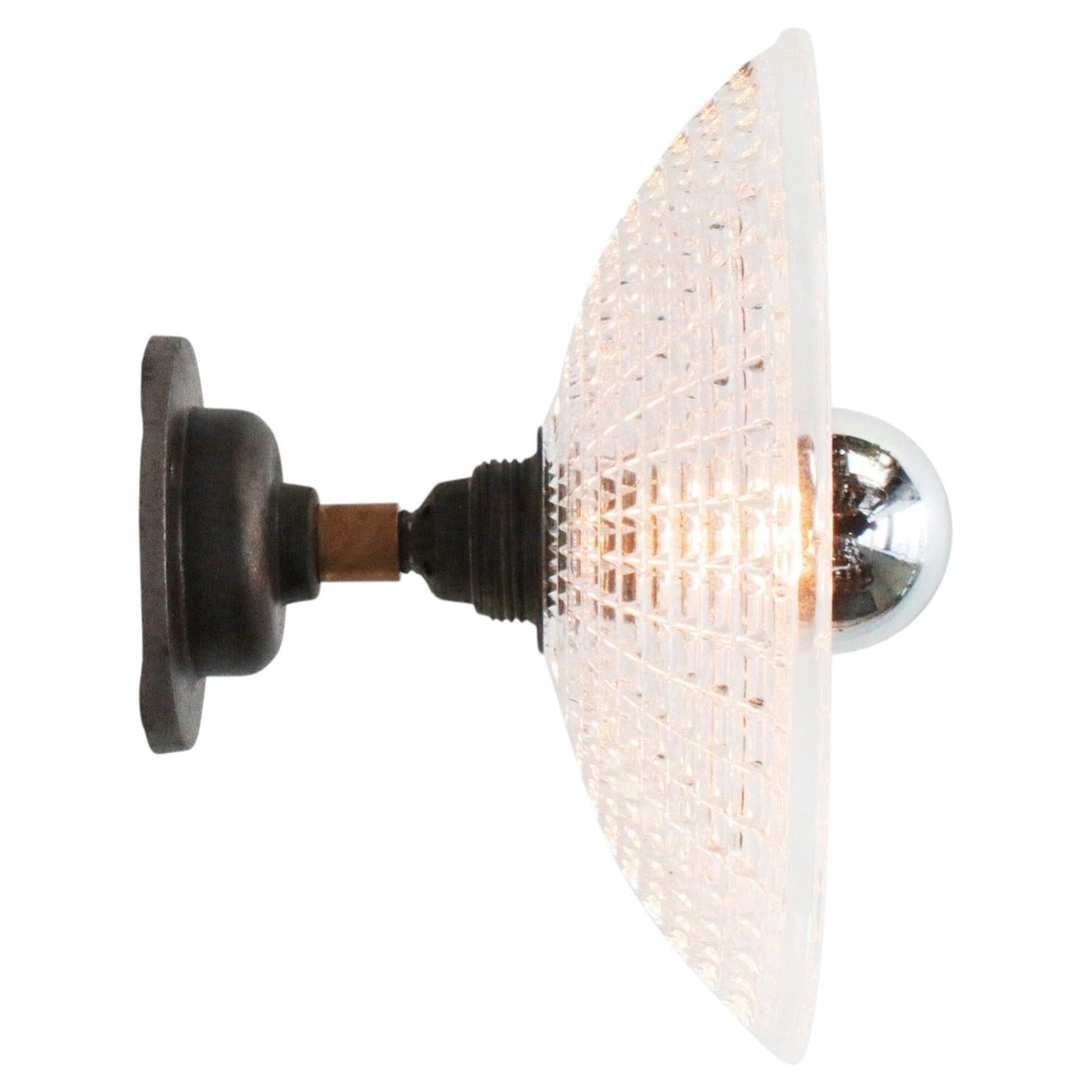Clear Holophane Glass Cast Iron Brass Sconce Wall Lamp